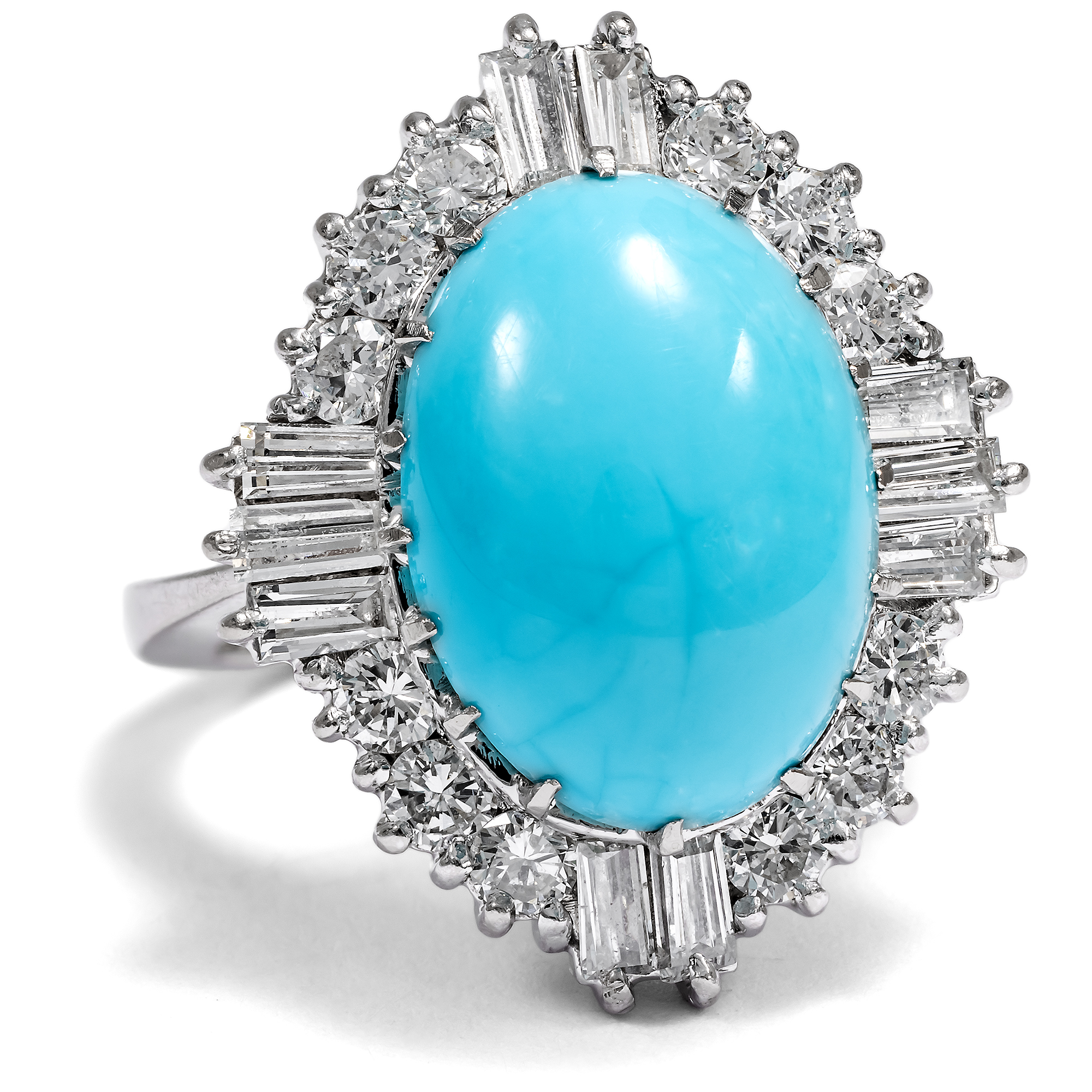 Exquisite Vintage White Gold Ring with Turquoise & Diamonds, c. 1970