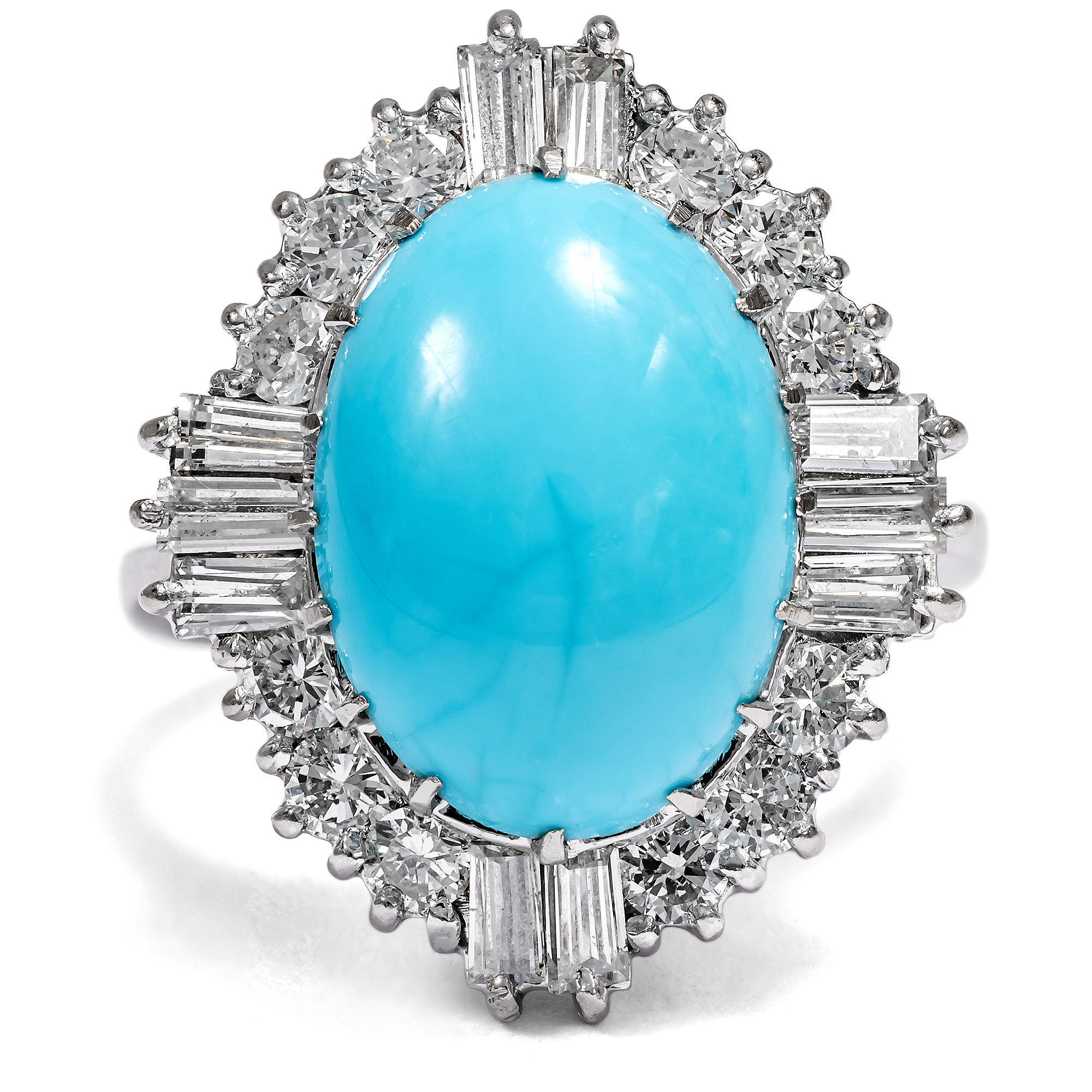 Exquisite Vintage White Gold Ring with Turquoise & Diamonds, c. 1970