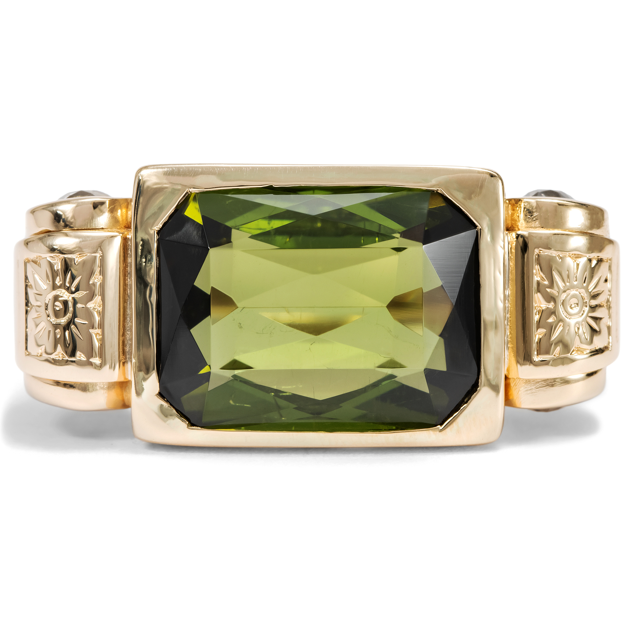 Fancy Retro Style Gold Ring with Tourmaline & Diamonds, c. 1953