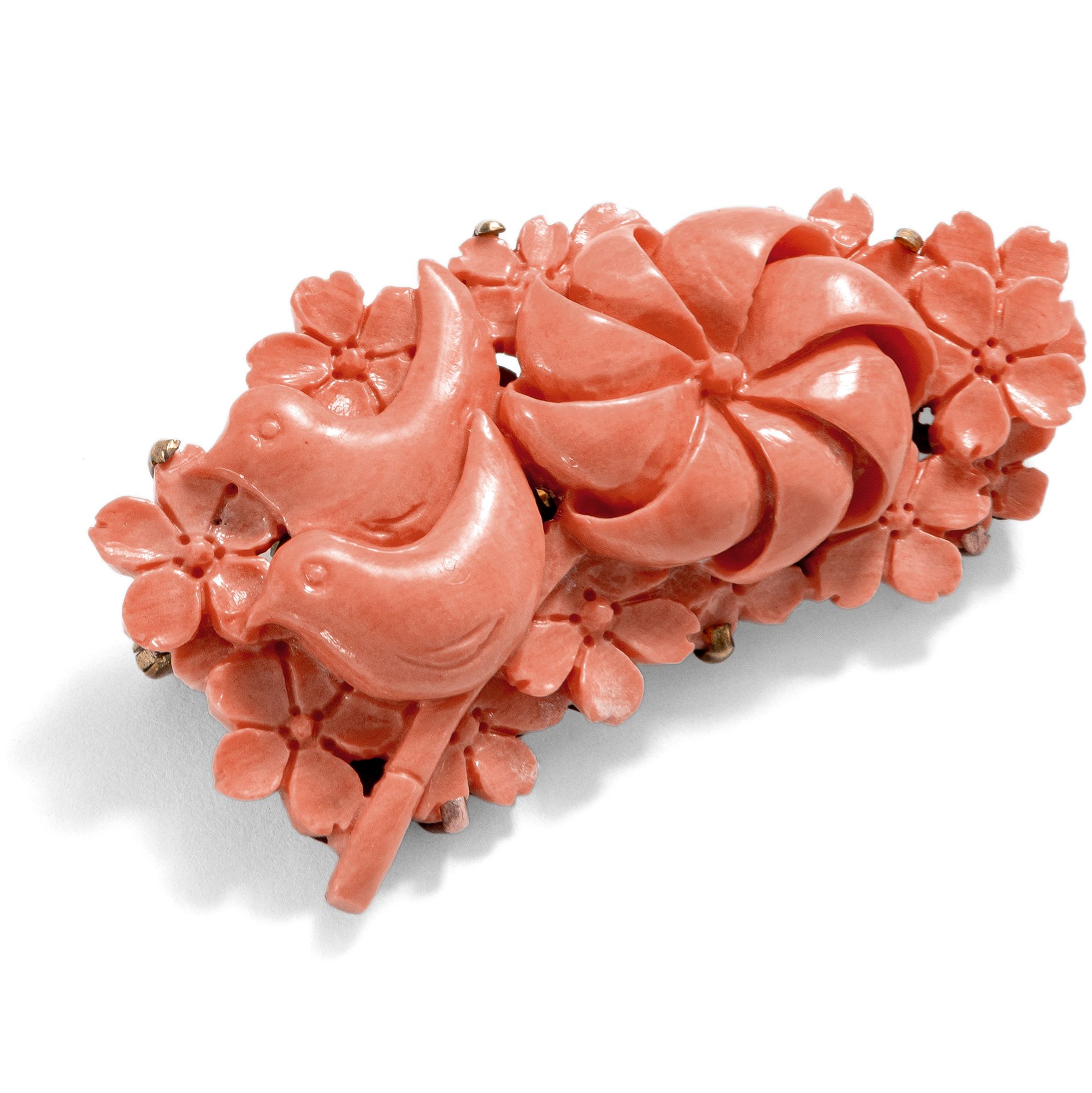 Vintage Pink Coral & Gold Brooch, c. 1980