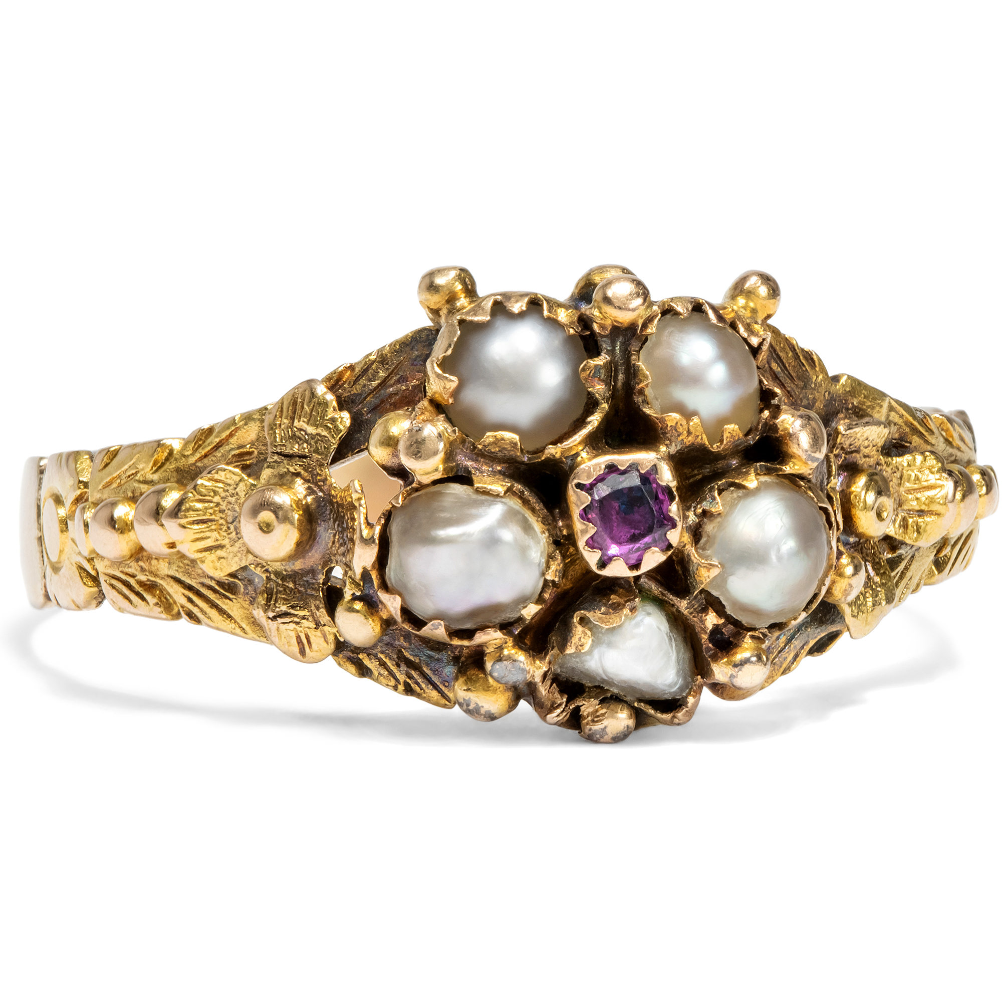 Antique "Daisy" Gold Ring with Pearls & Ruby, Great Britain c. 1830