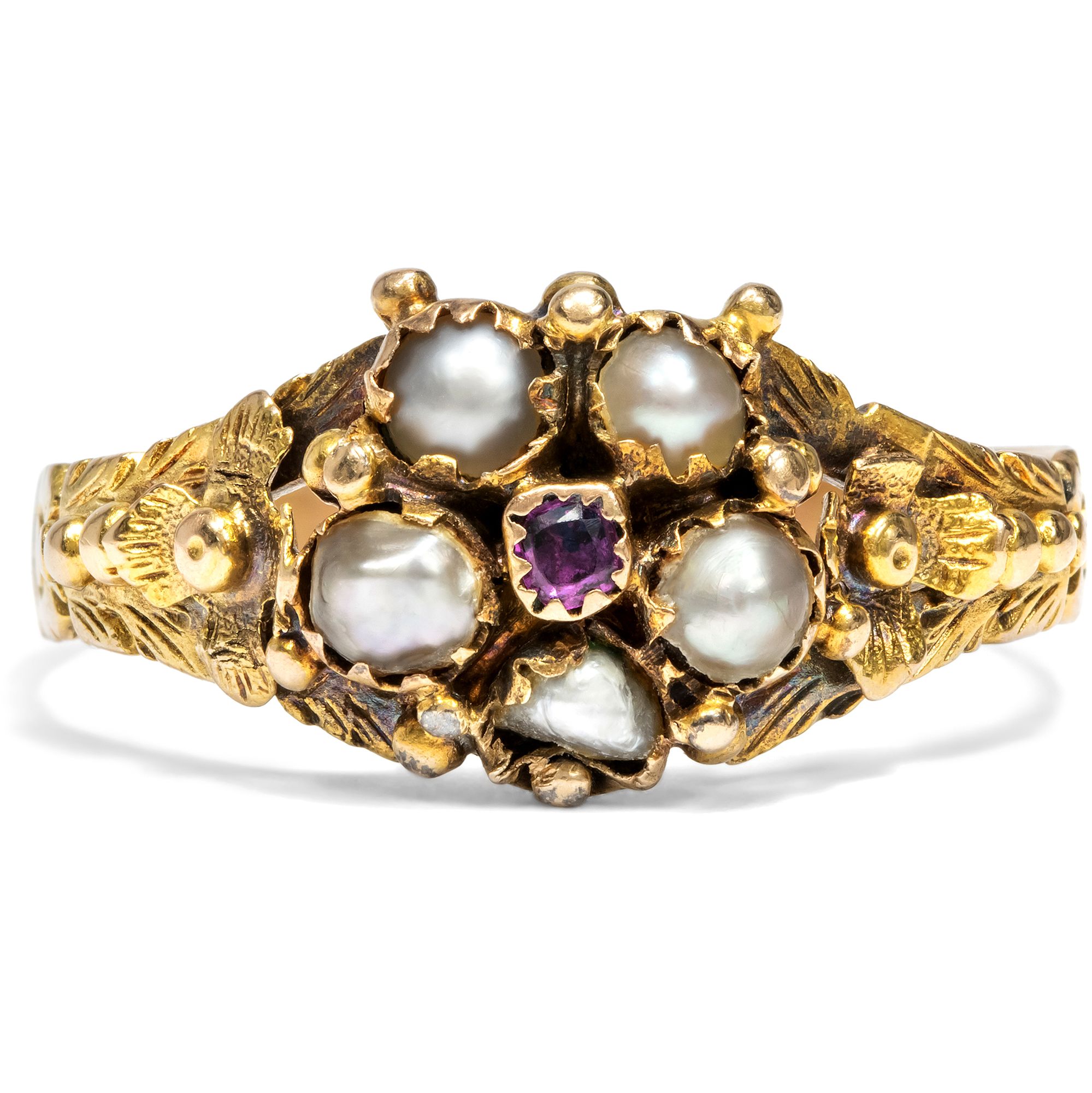 Antique "Daisy" Gold Ring with Pearls & Ruby, Great Britain c. 1830