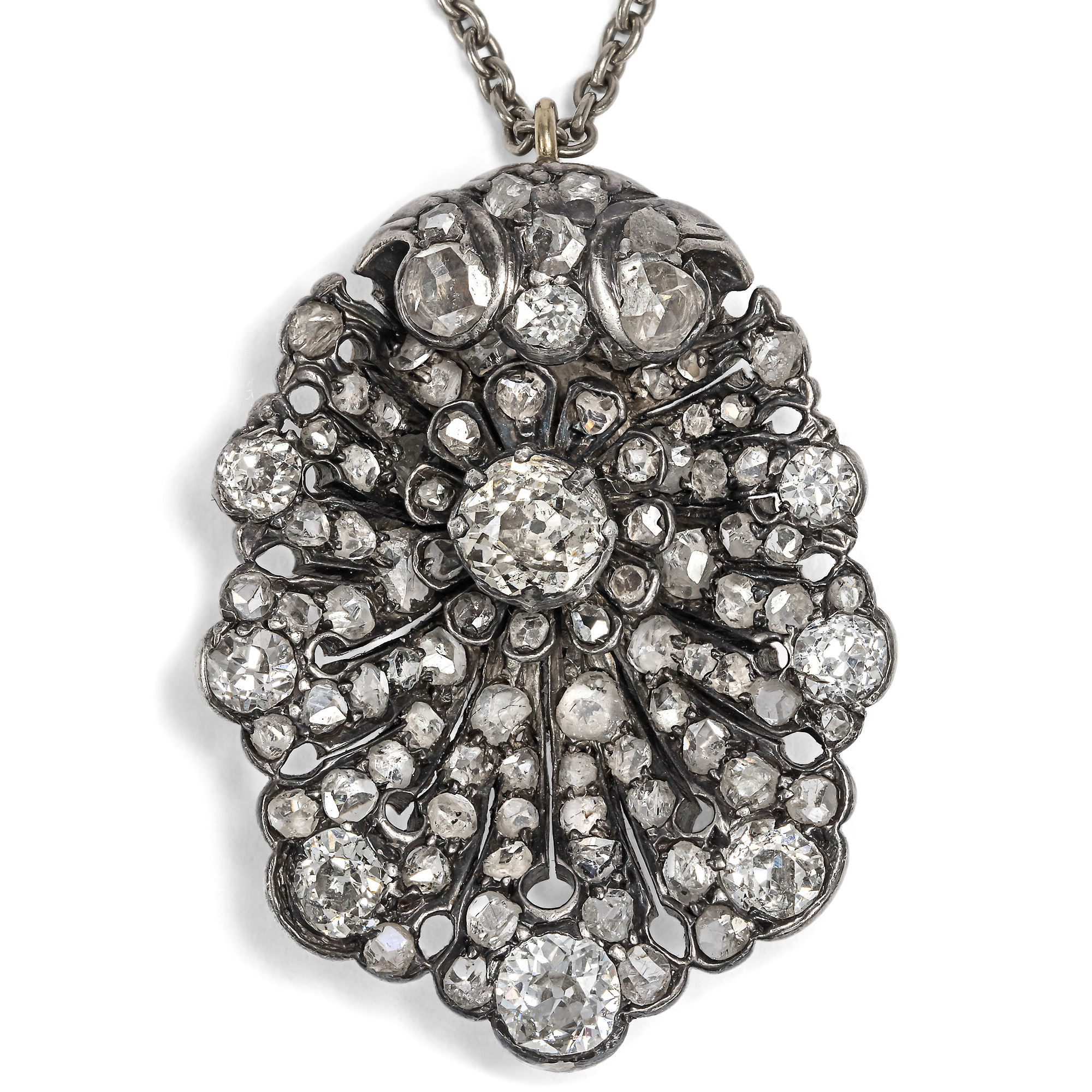 Antique Diamond Sea-Shell Pendant in Silver on Gold, c. 1885 & later