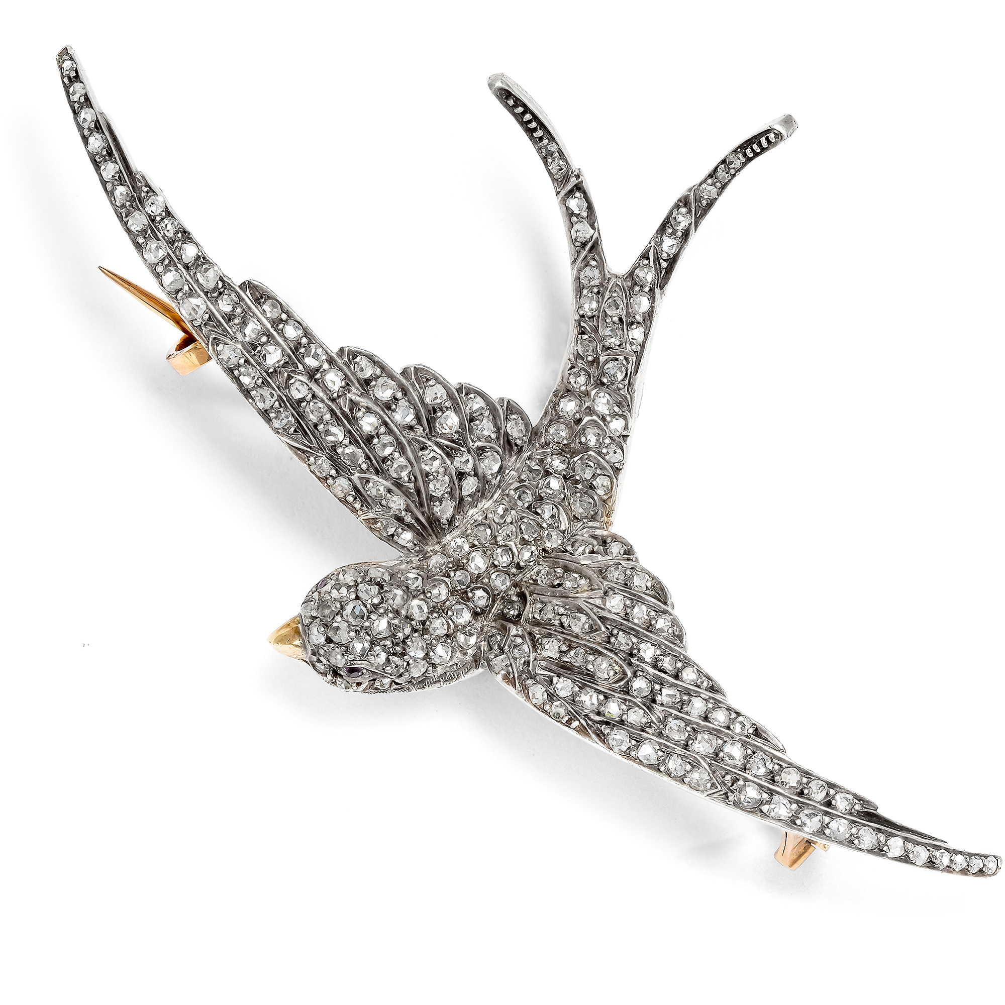 Antique Lovebird Brooch with Diamonds in Silver on Gold, Paris, c. 1895