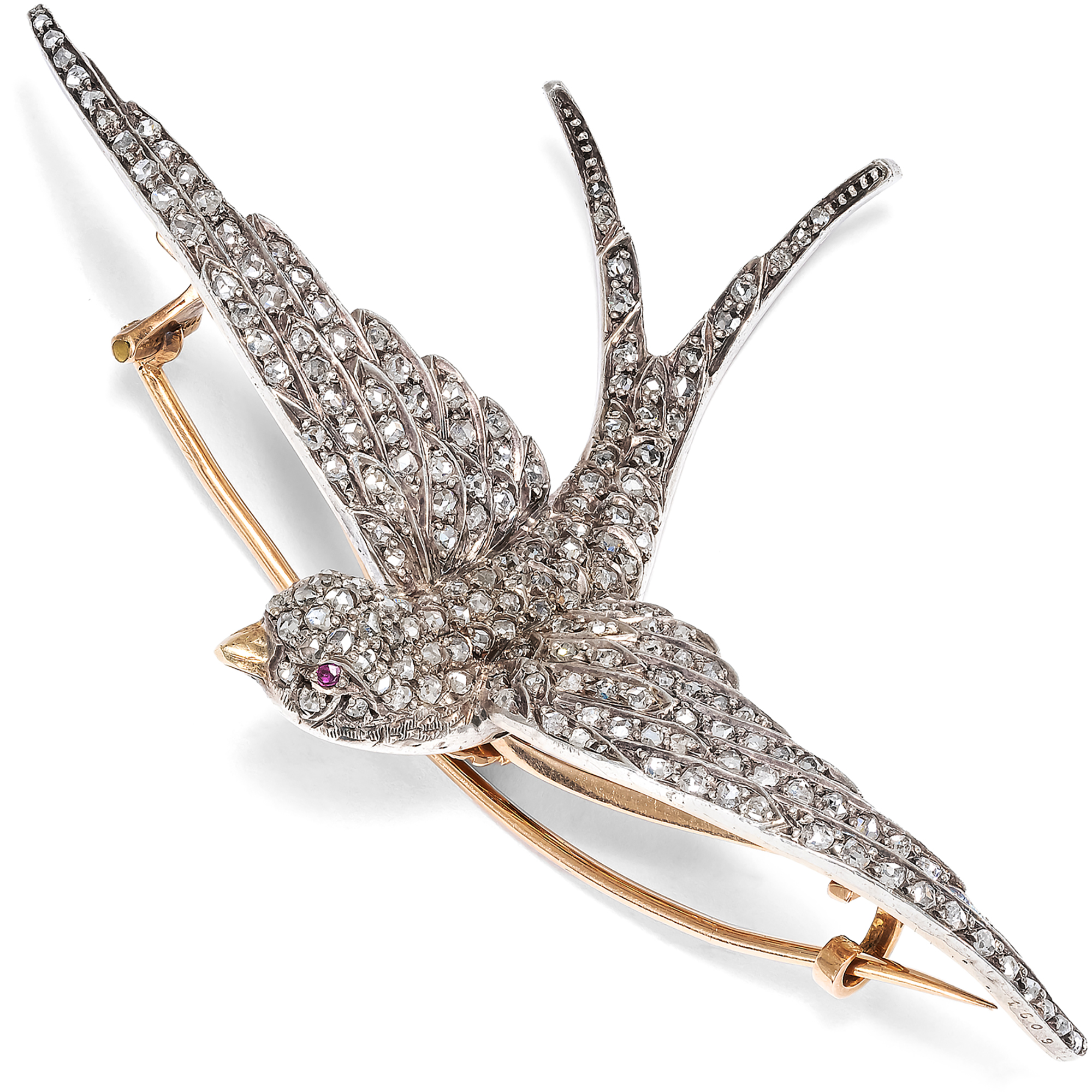 Antique Lovebird Brooch with Diamonds in Silver on Gold, Paris, c. 1895