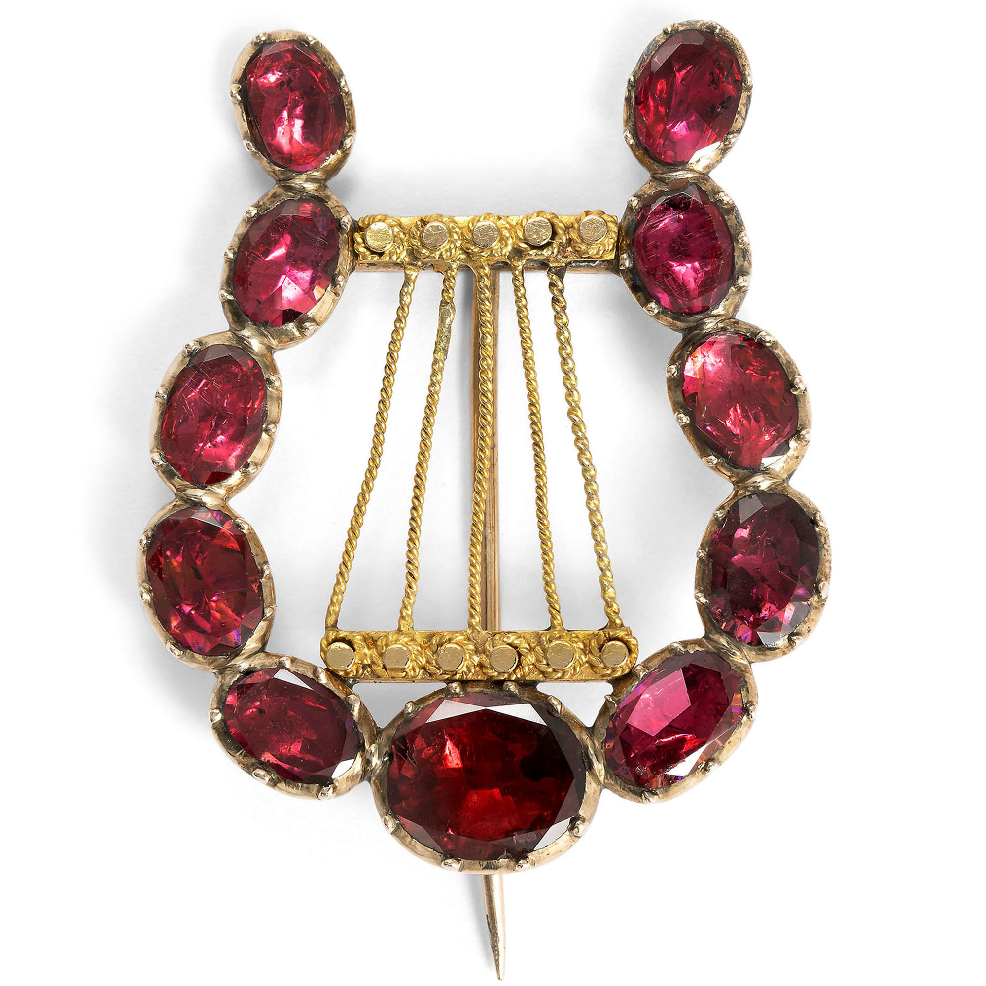 Antique Lyre Brooch with Flat Cut Garnets in Gold, c. 1825