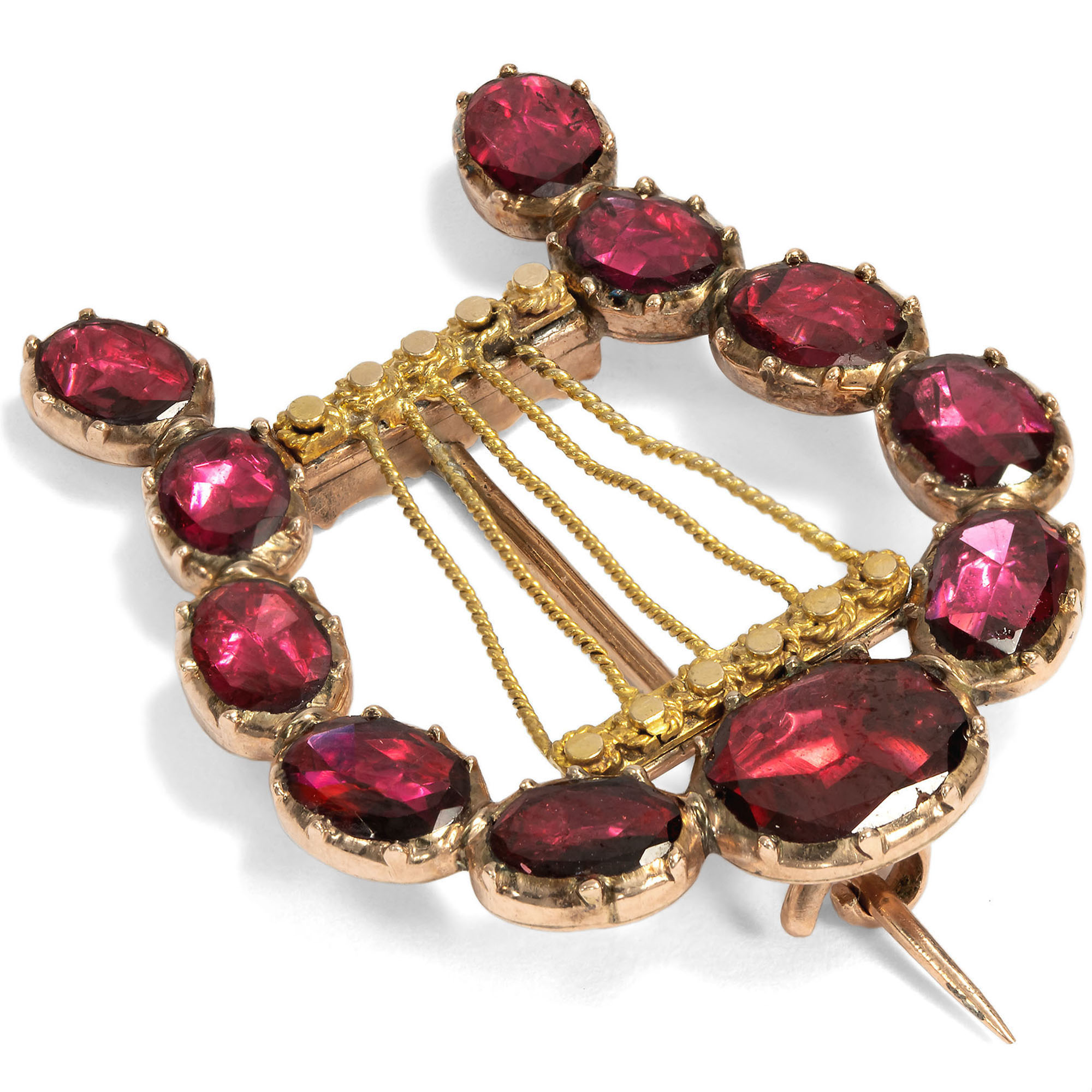 Antique Lyre Brooch with Flat Cut Garnets in Gold, c. 1825