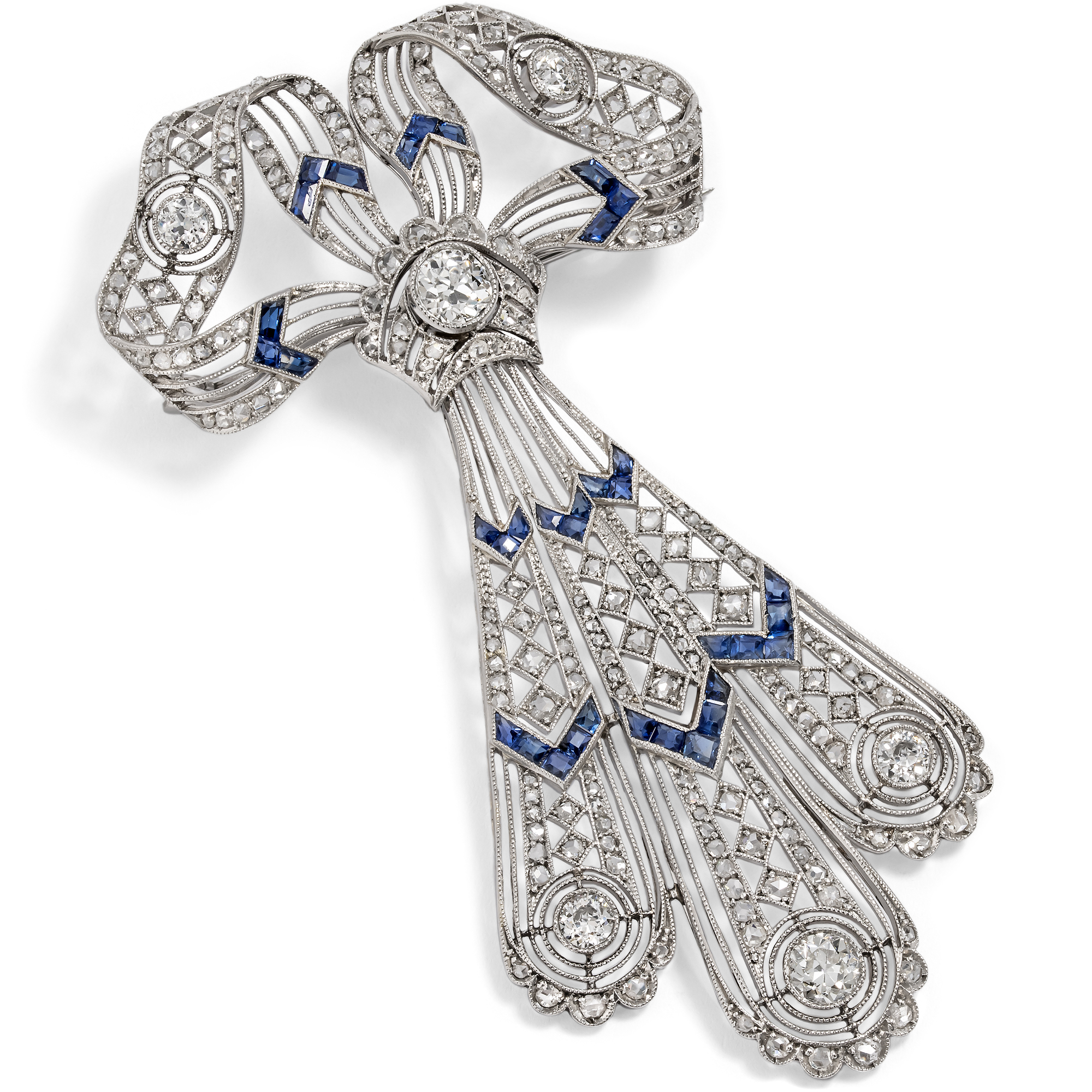 Delicate Edwardian Bow Brooch with Diamonds & Sapphires in Platinum, c. 1910