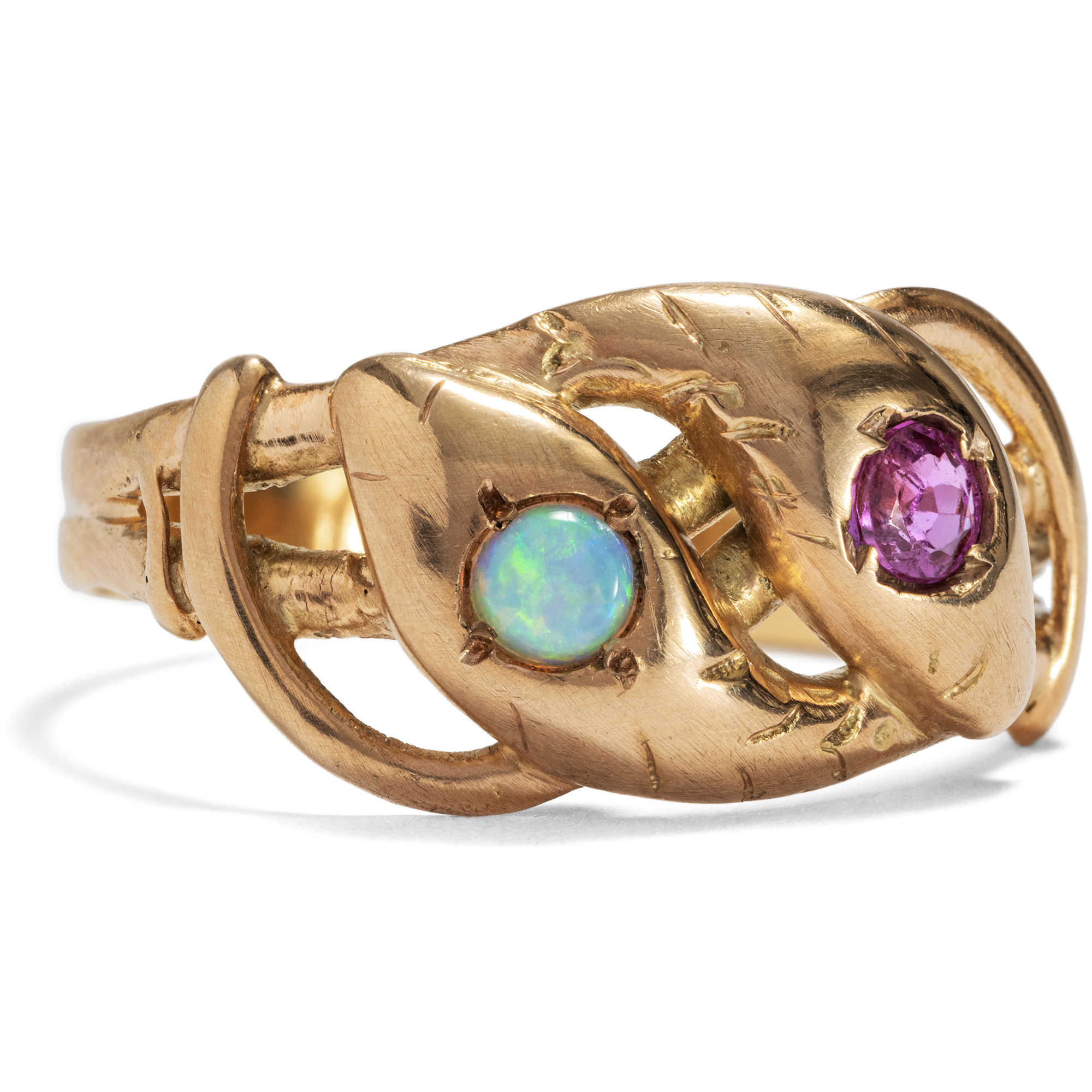 Antiker Schlangenring mit Rubin & Opal in Gold, um 1900