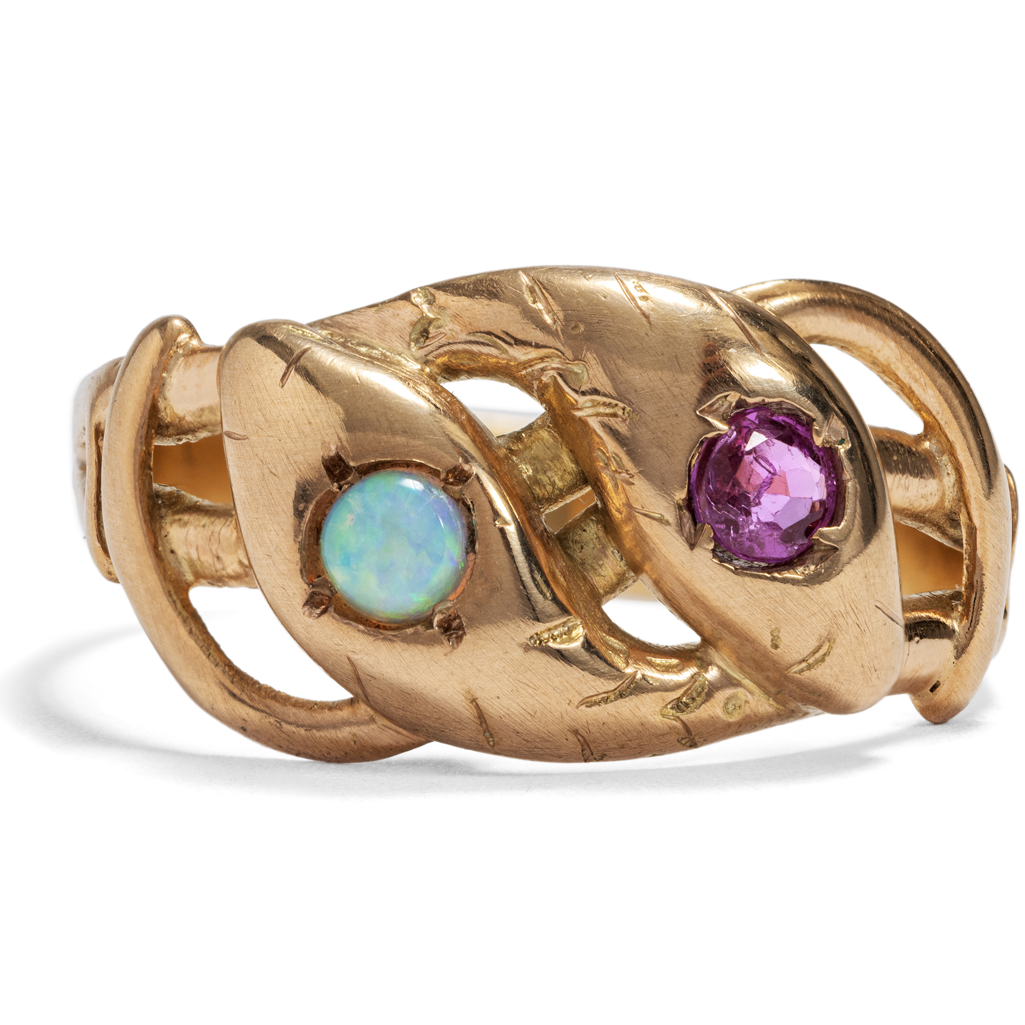 Antiker Schlangenring mit Rubin & Opal in Gold, um 1900