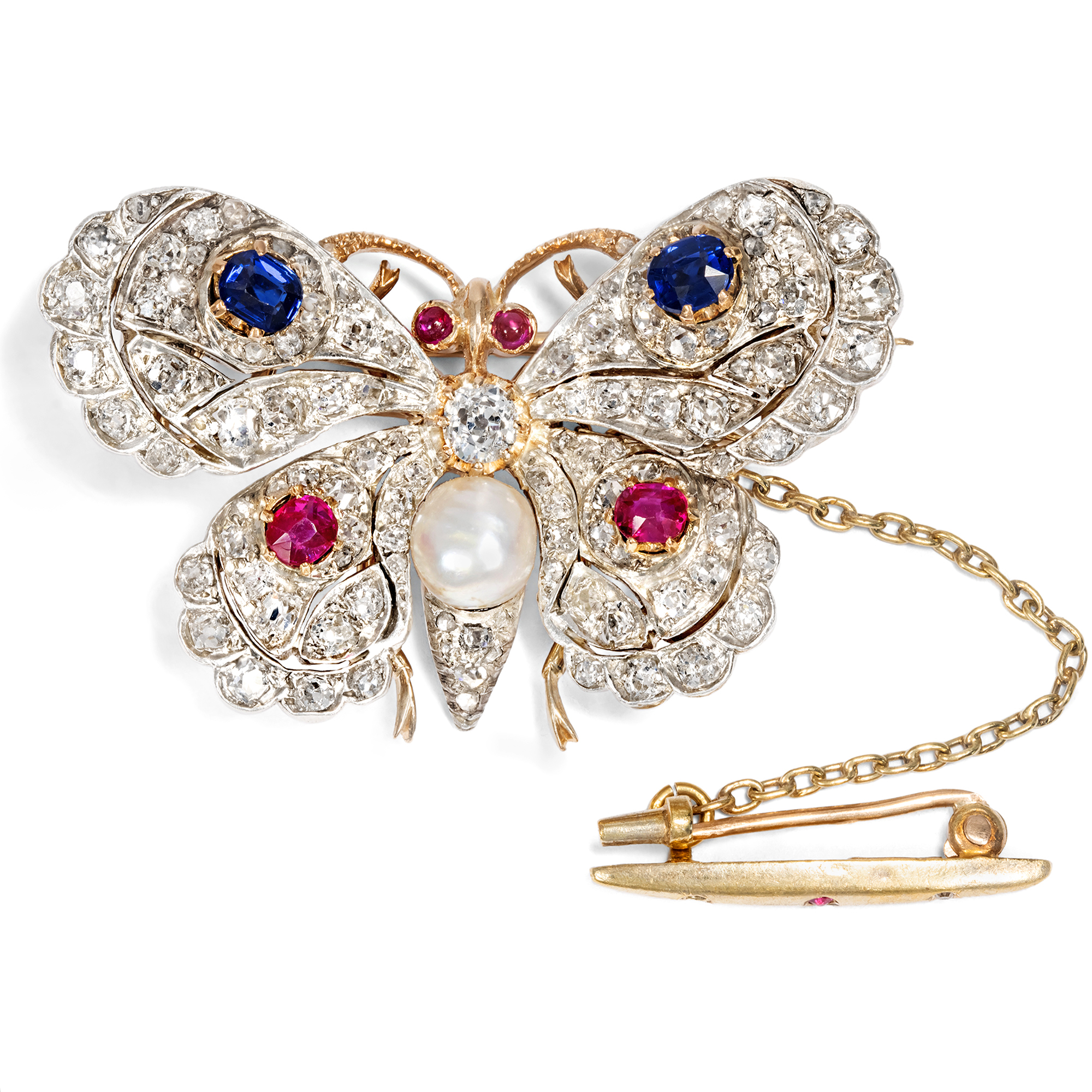 Antique Butterfly Brooch with Natural Pearl, Rubies, Sapphires, and Diamonds, c. 1890 Antique Butterfly Brooch with Natural Pearl, Rubies, Sapphires, and Diamonds, c. 1890
