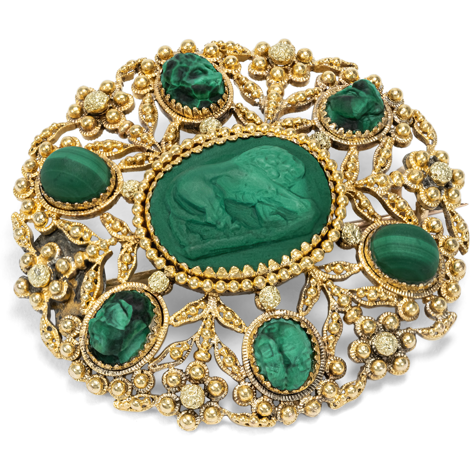 Klassizistische Brosche mit Gemmen aus Malachit in Gold, um 1820 Klassizistische Brosche mit Gemmen aus Malachit in Gold, um 1820