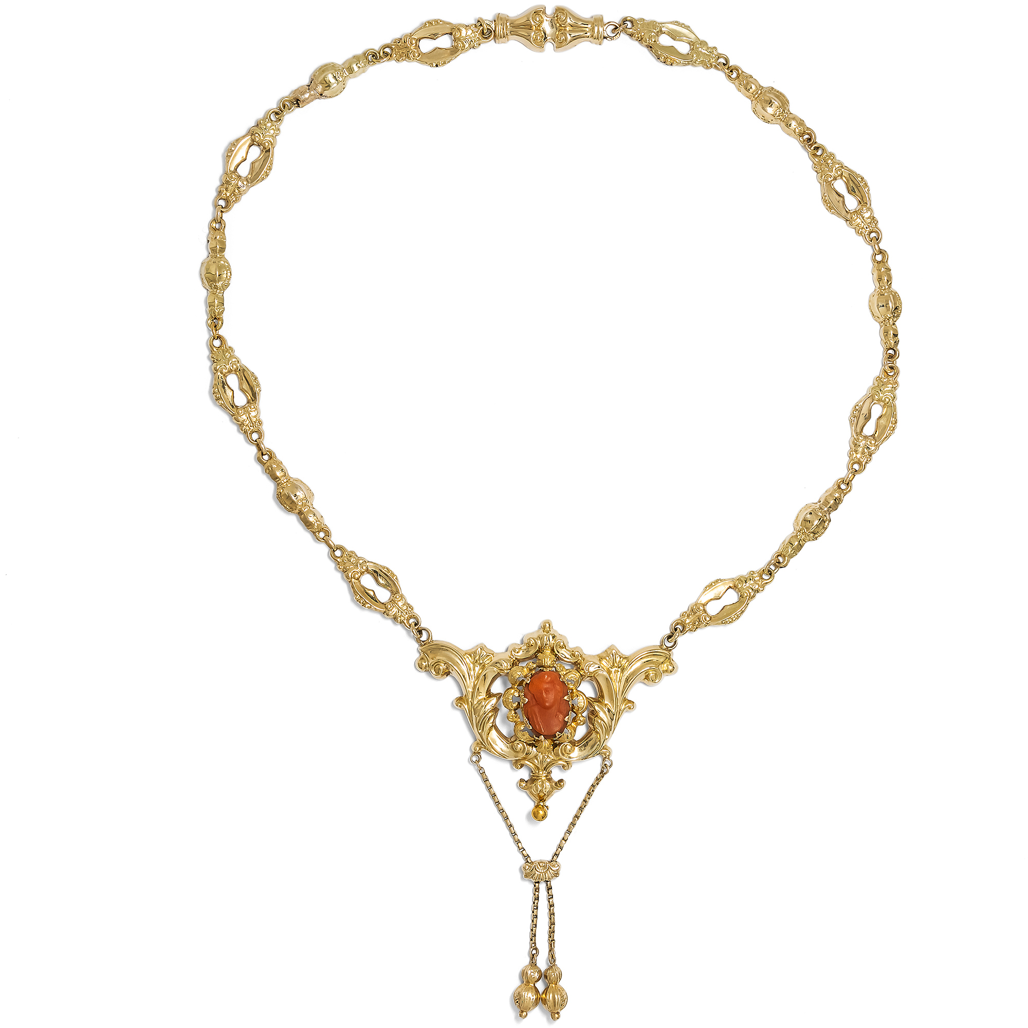 Antique Early Victorian Necklace with Coral Cameo in Gold, c. 1845 Antique Early Victorian Necklace with Coral Cameo in Gold, c. 1845