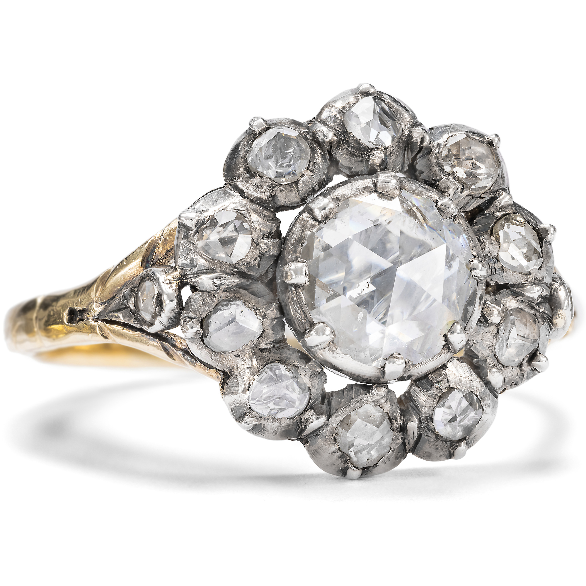 Vintage Ring with Diamond Roses in Gold & Silver, Netherlands c. 1950