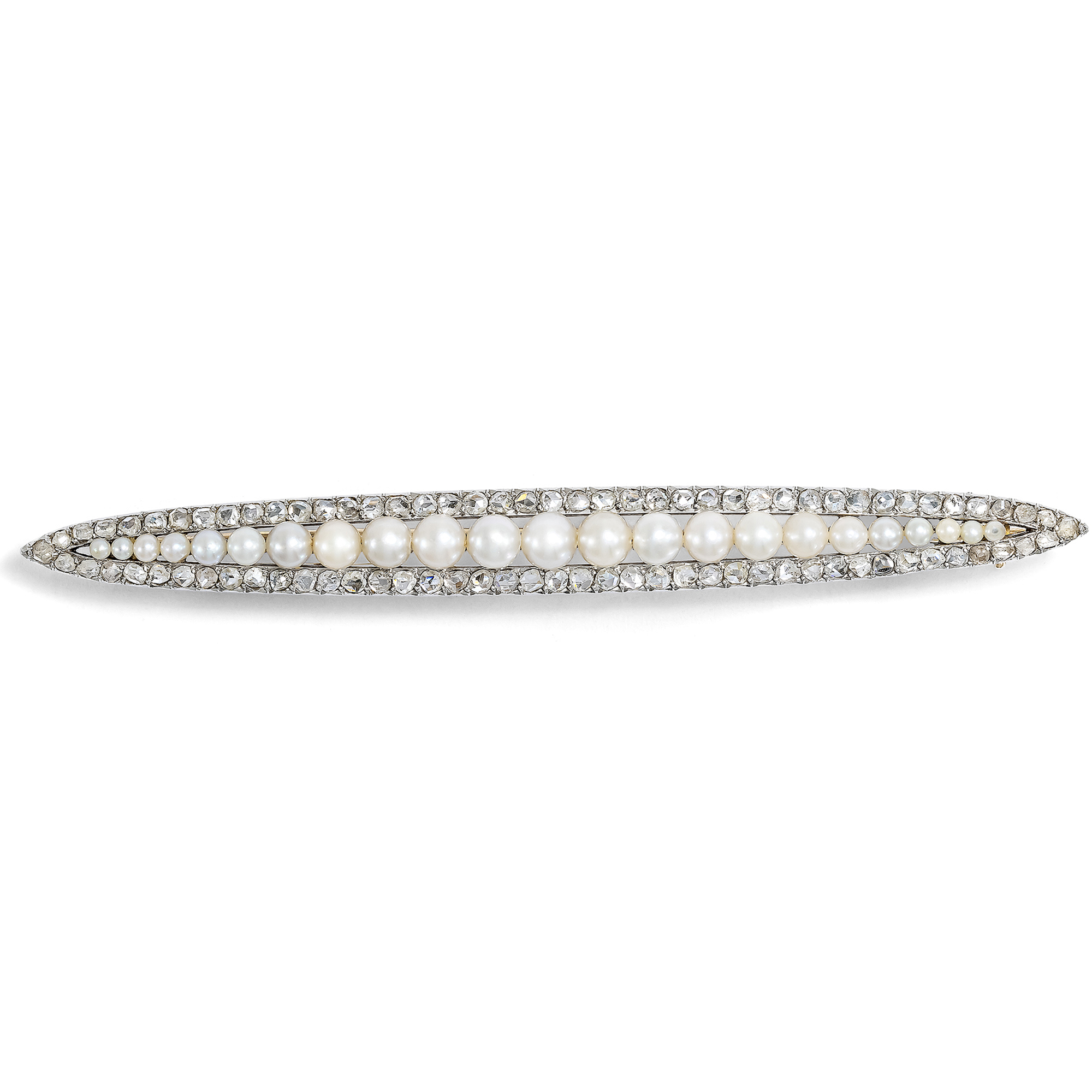 Elegante Stabnadel mit Naturperlen & Diamantrosen in Platin, um 1905 Elegante Stabnadel mit Naturperlen & Diamantrosen in Platin, um 1905