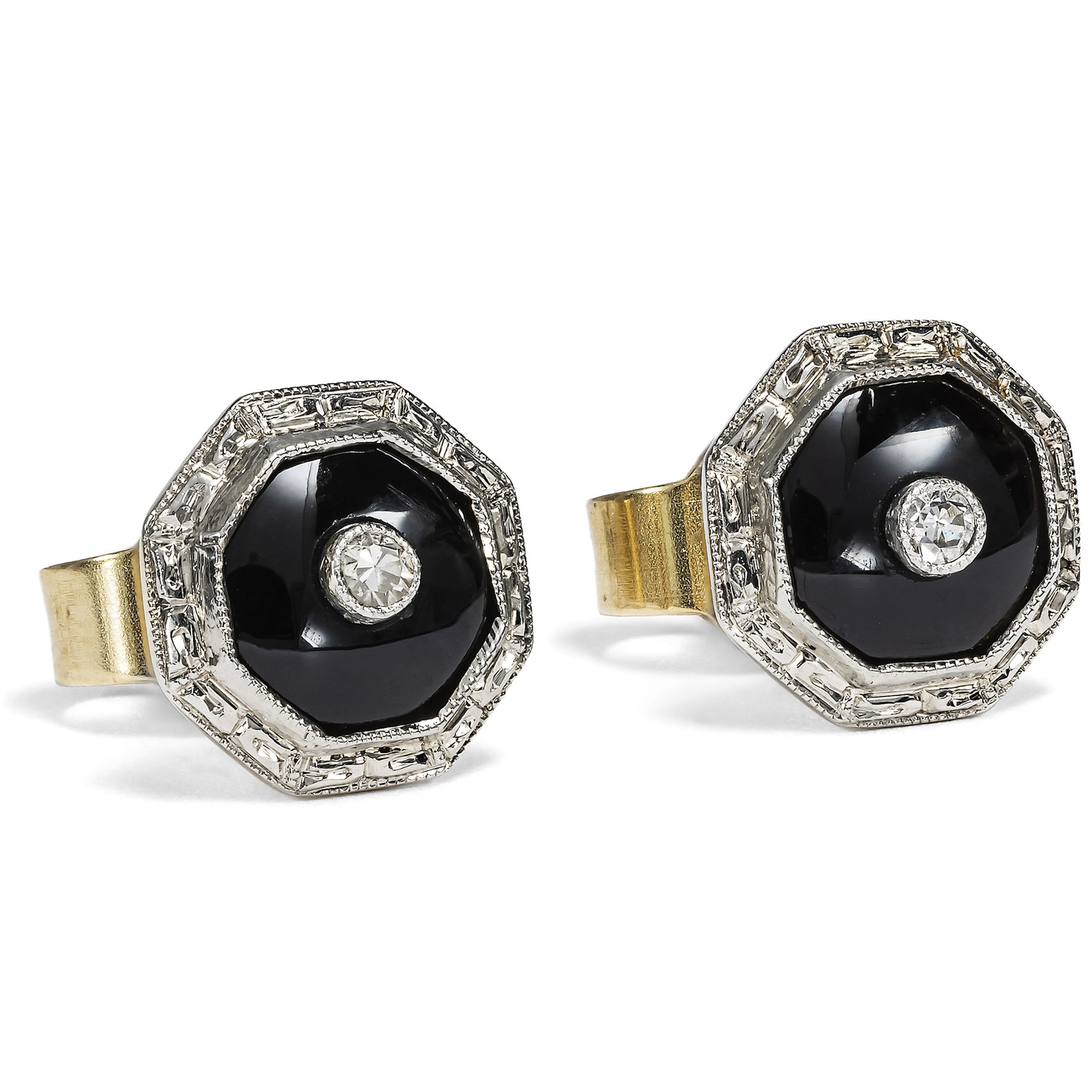 Kleine Ohrstecker aus antiken Kragenknöpfen mit Diamanten & Onyx, um 1925/2024