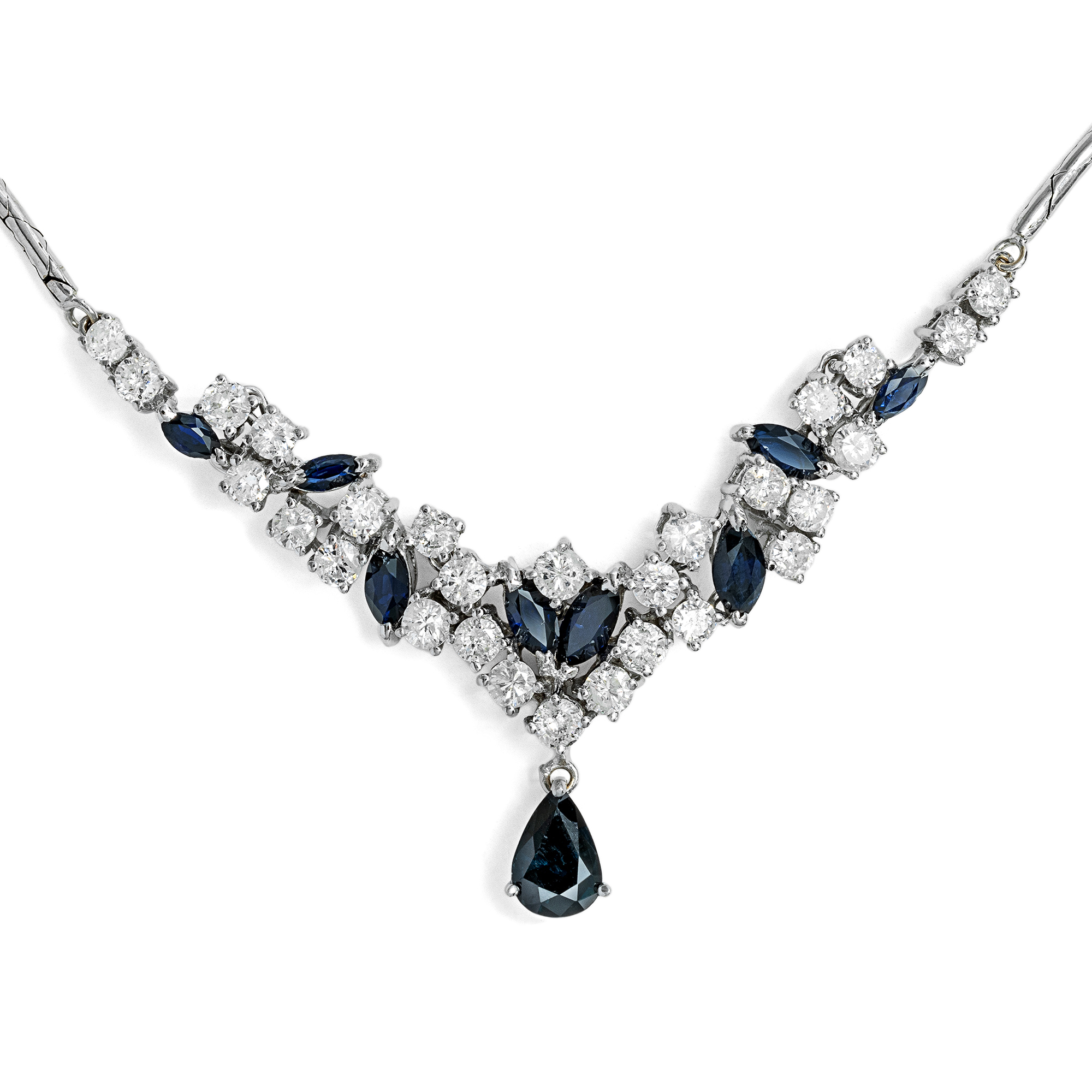 Vintage Sapphire & Diamond Necklace in White Gold, c. 1970