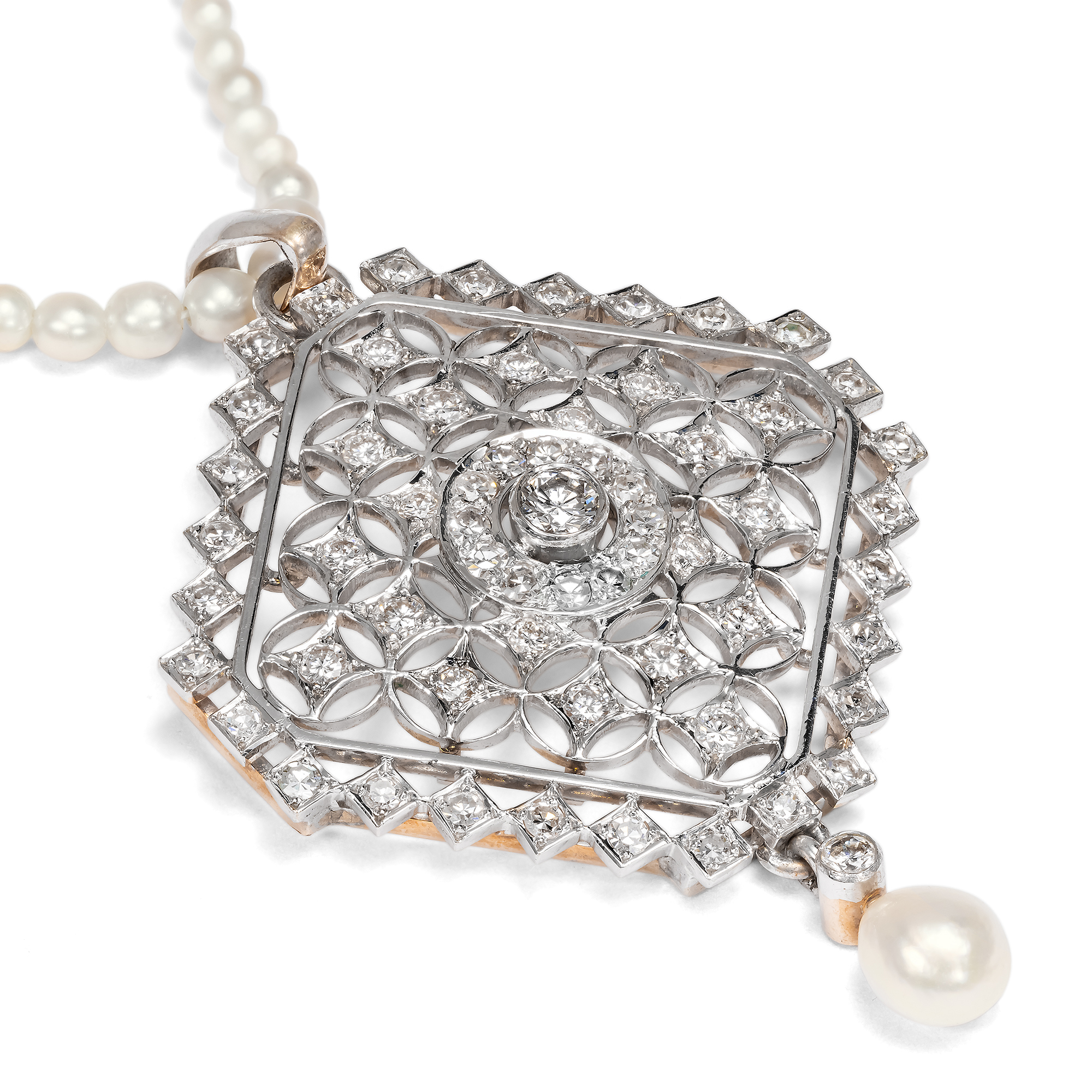 Exquisites Collier mit Diamanten & Naturperlen in Formen der Belle Époque, um 2000