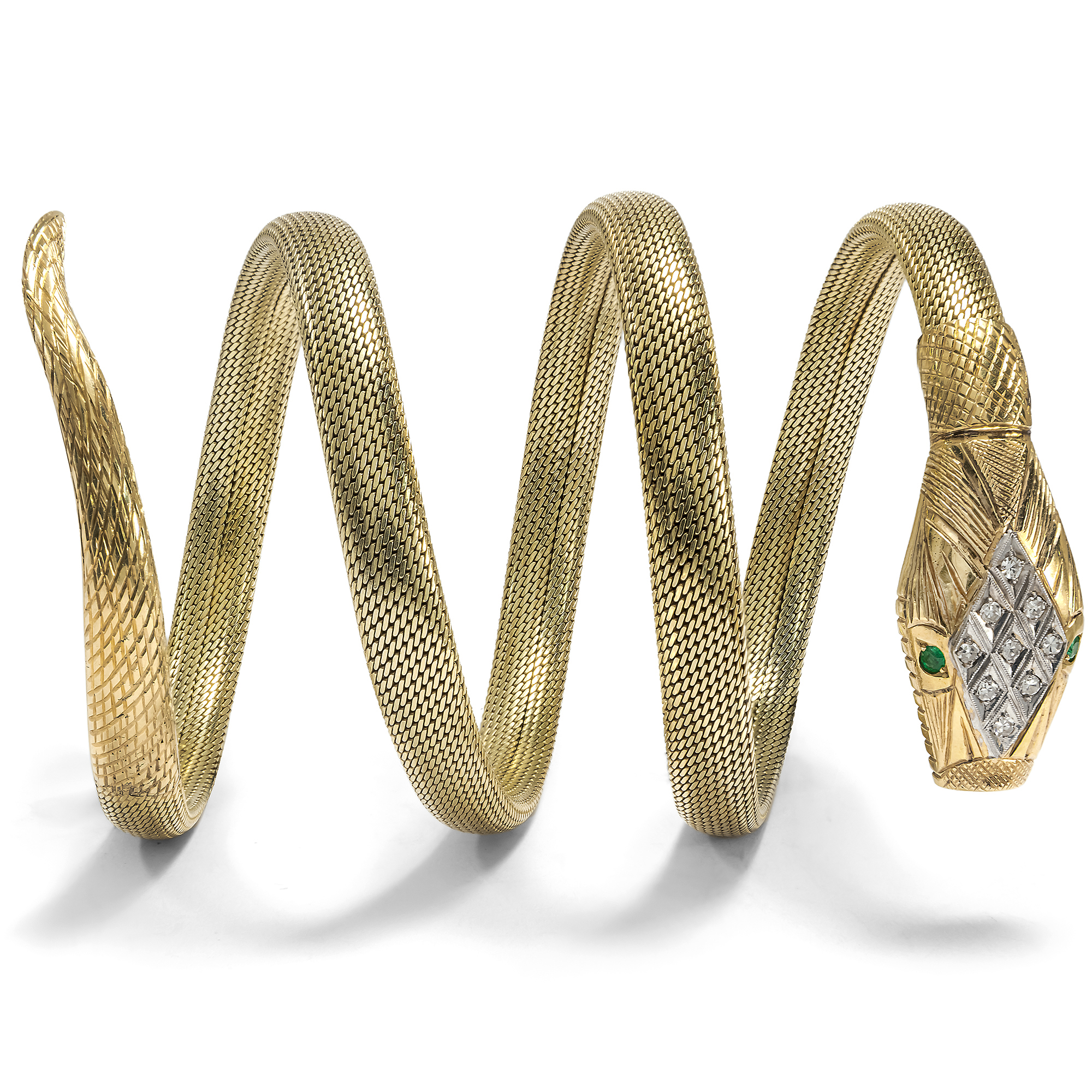 Heavy Vintage Gold Snake Bangle with Diamonds & Emeralds, c. 1975