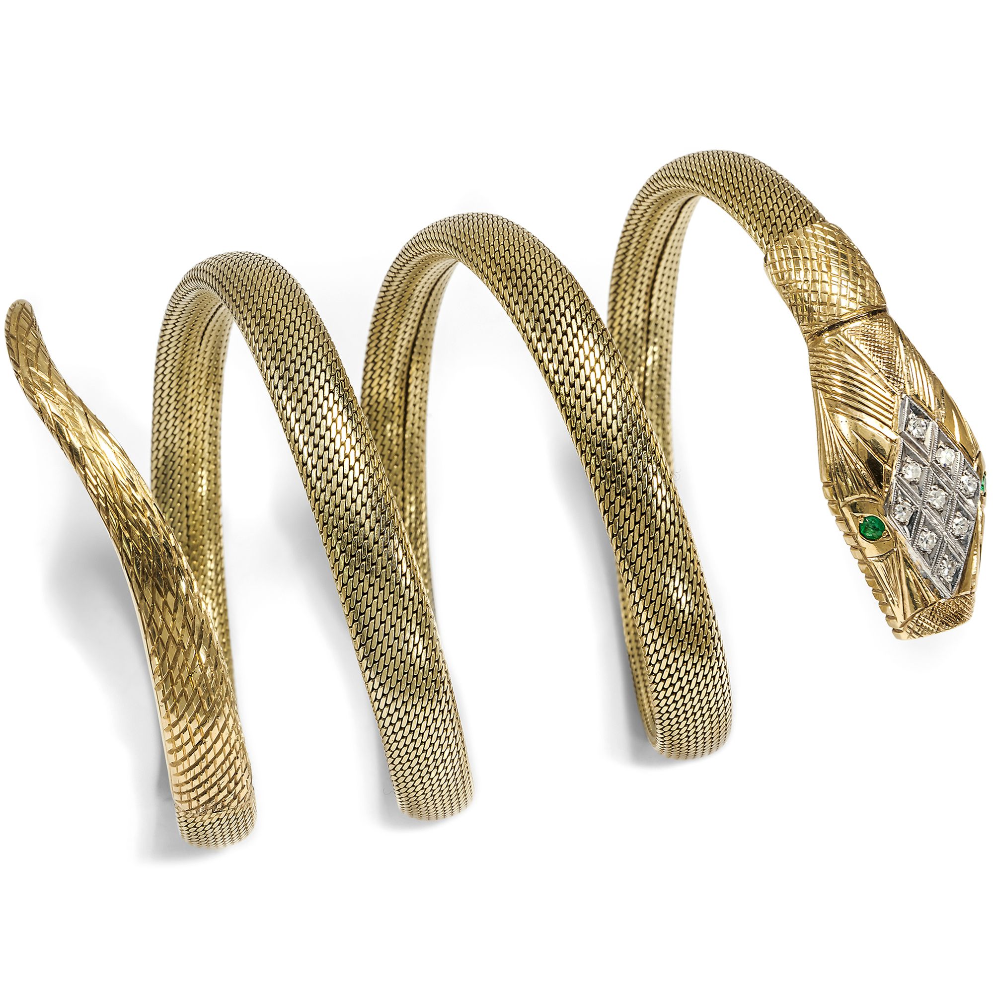 Heavy Vintage Gold Snake Bangle with Diamonds & Emeralds, c. 1975