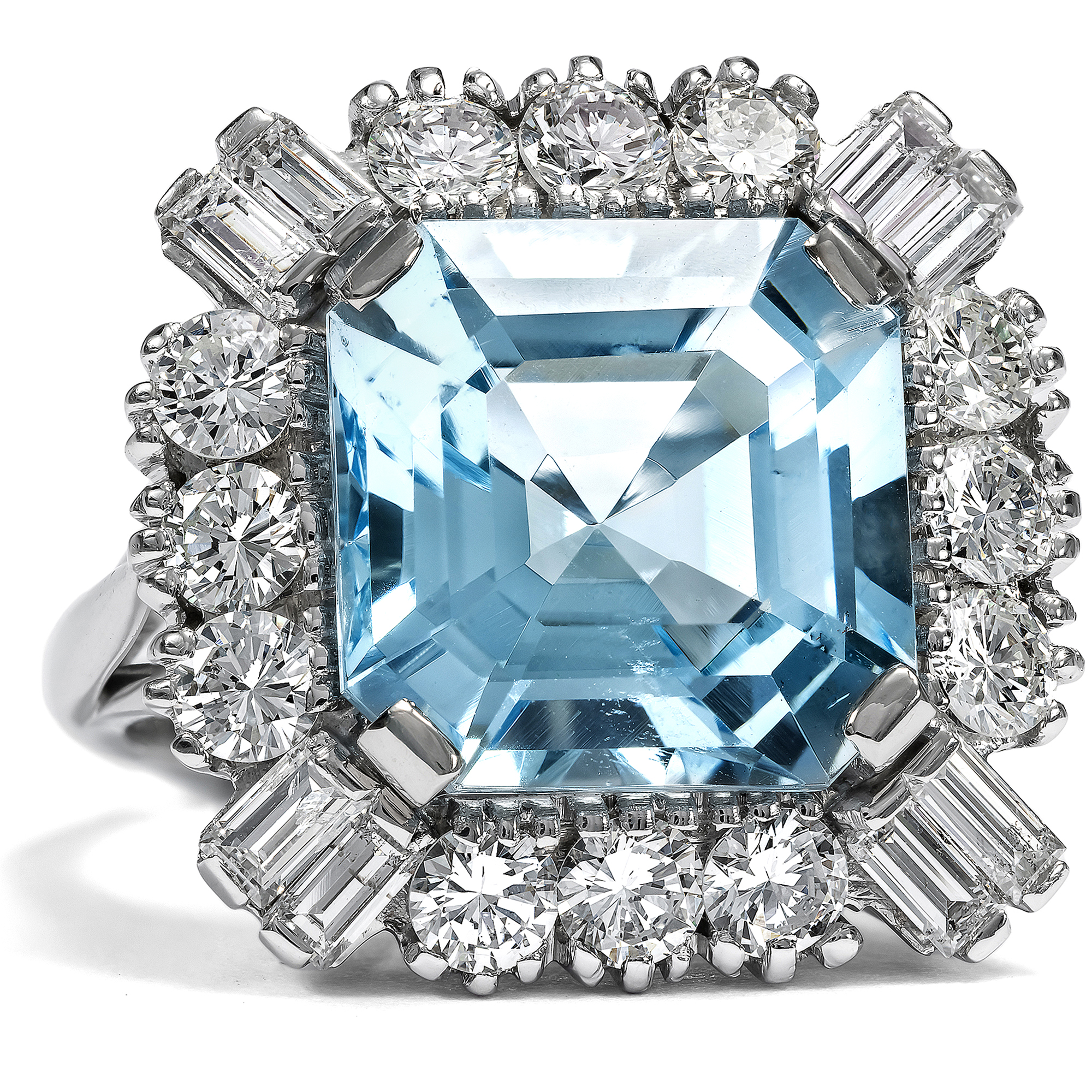 Fabulous Aquamarine & Diamond Cocktail Ring in White Gold, c. 1970