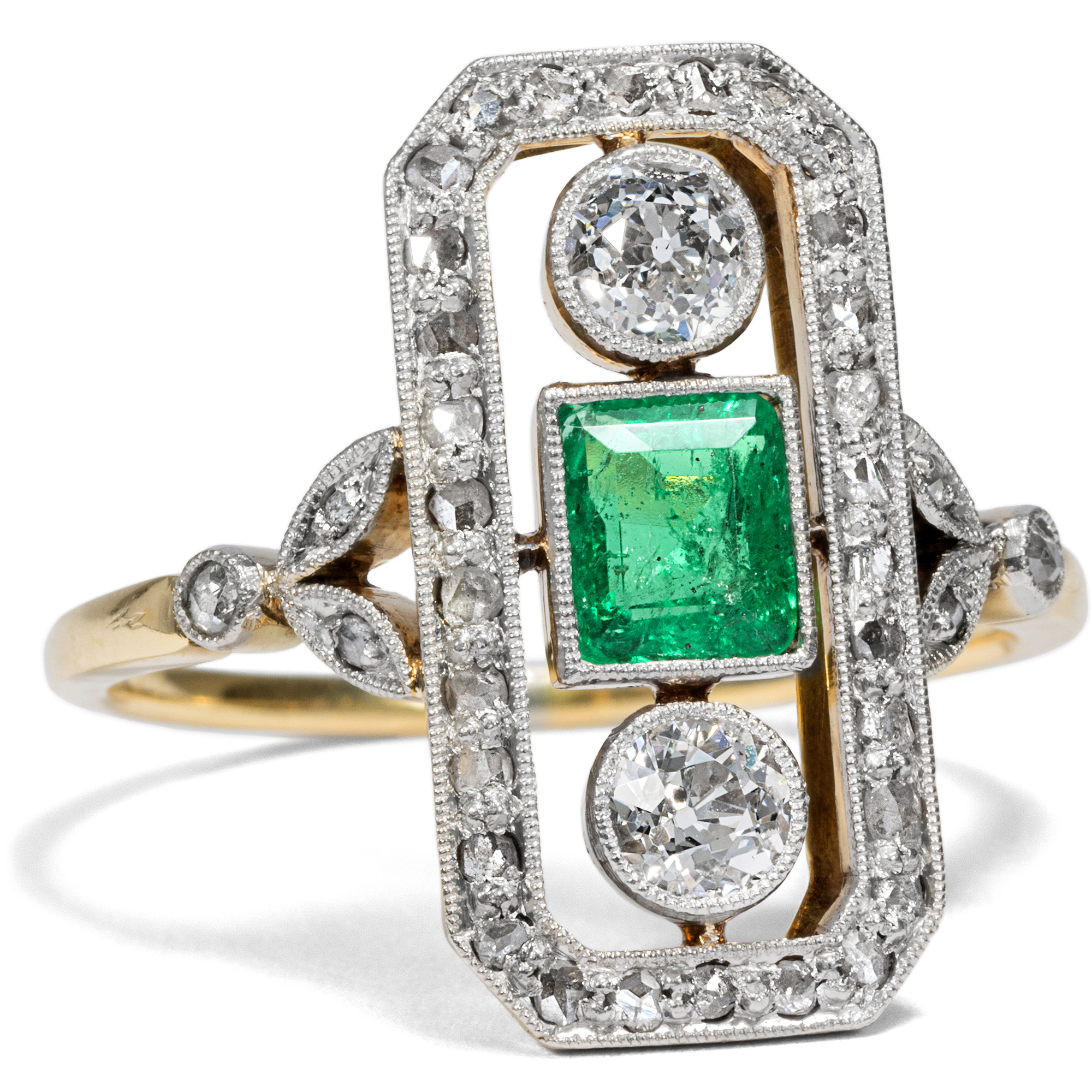 Art Deco Ring with Emerald & Diamonds in Gold & Platinum, c. 1925