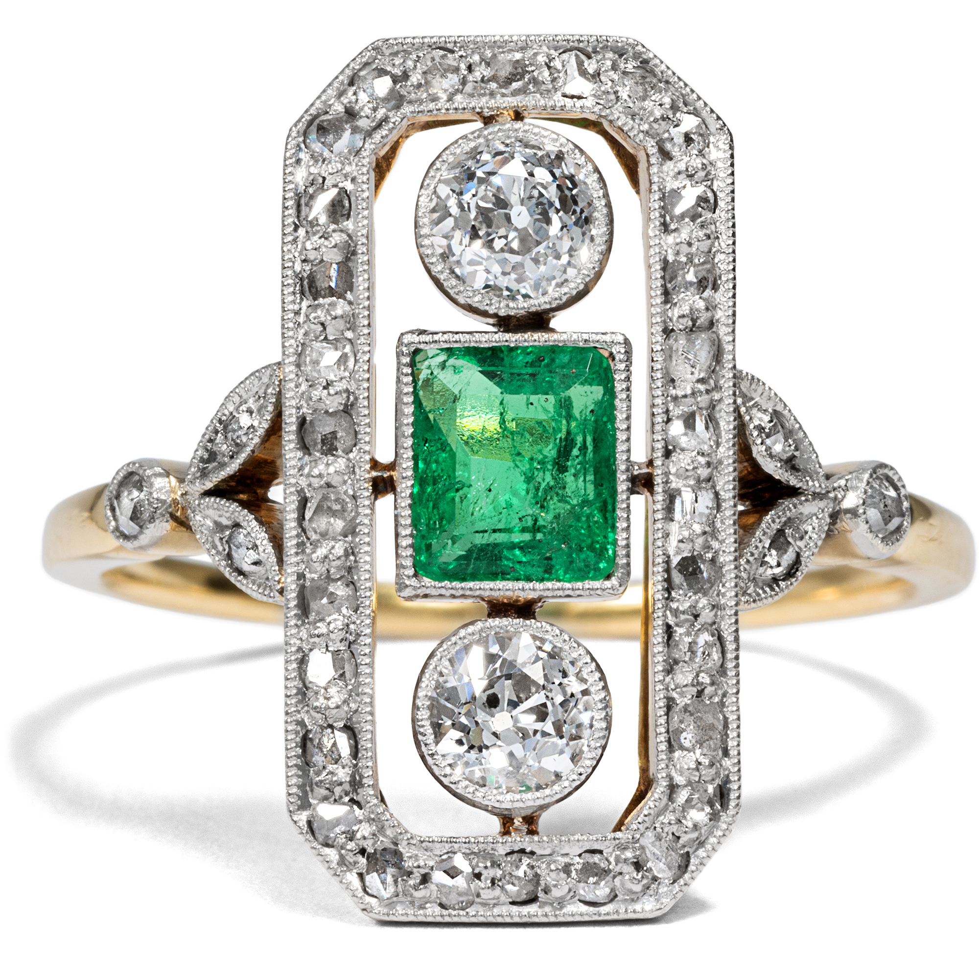 Art Deco Ring with Emerald & Diamonds in Gold & Platinum, c. 1925