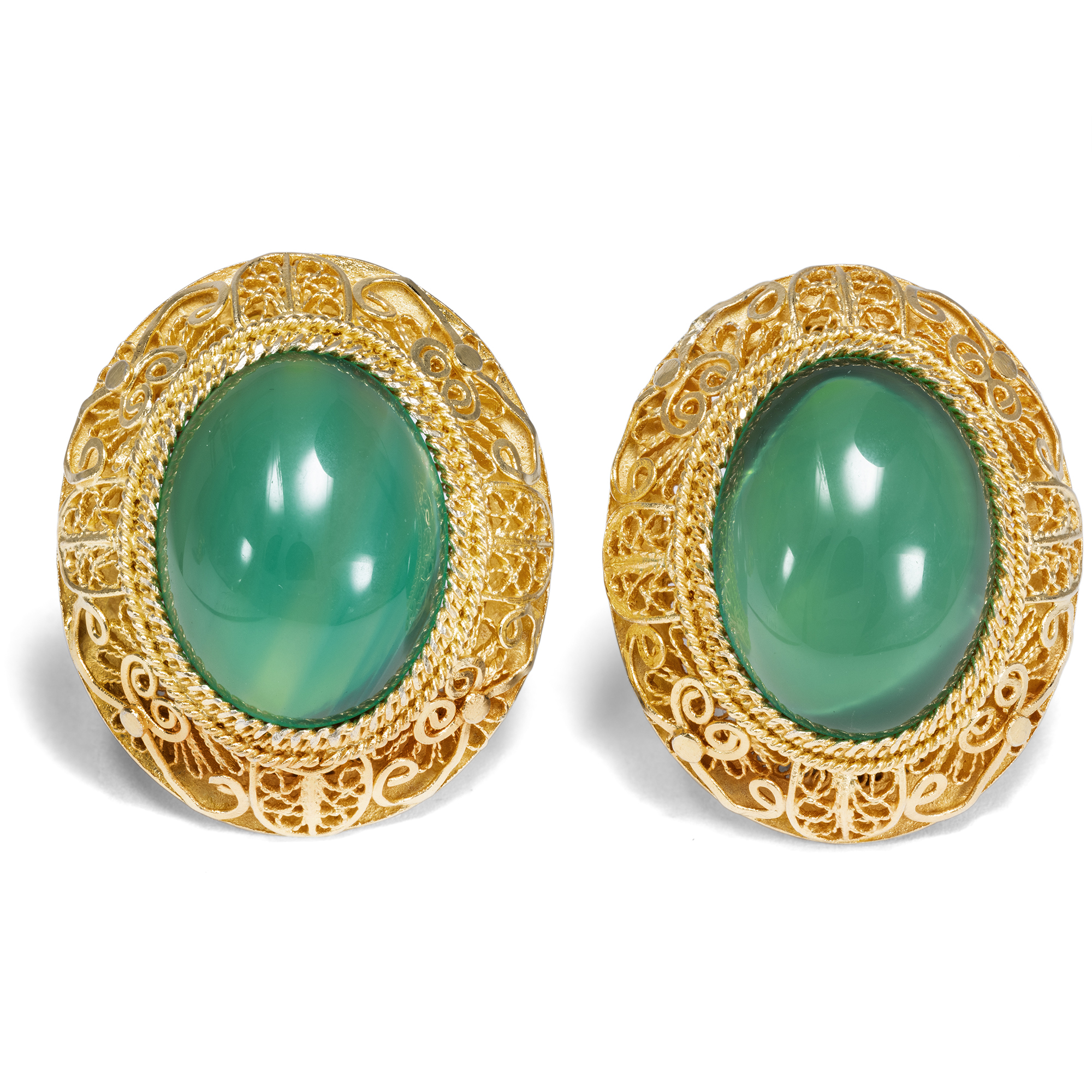 Vintage Gold-Plated Silver Filigree Earclips with Green Agates, China c. 1980