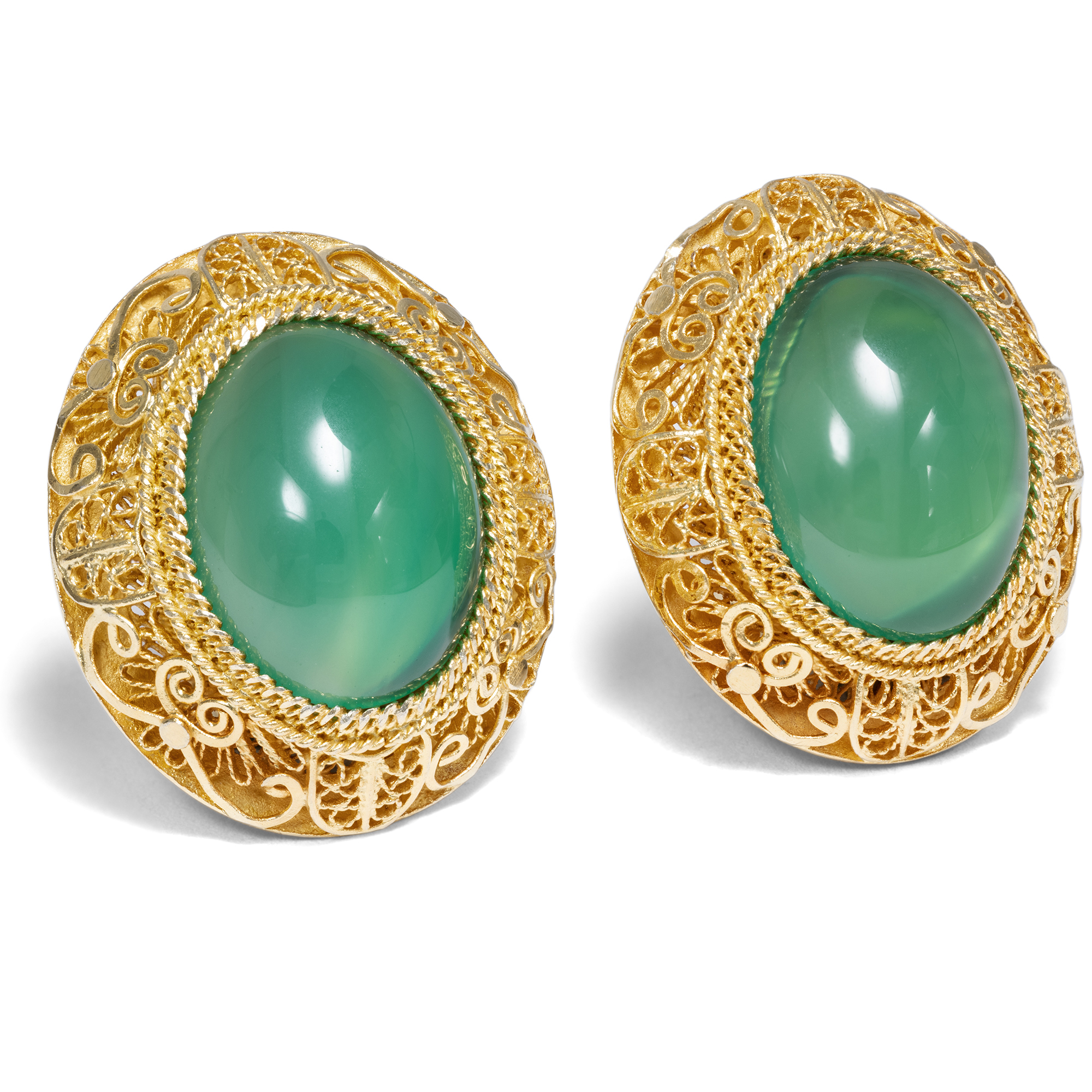 Vintage Gold-Plated Silver Filigree Earclips with Green Agates, China c. 1980