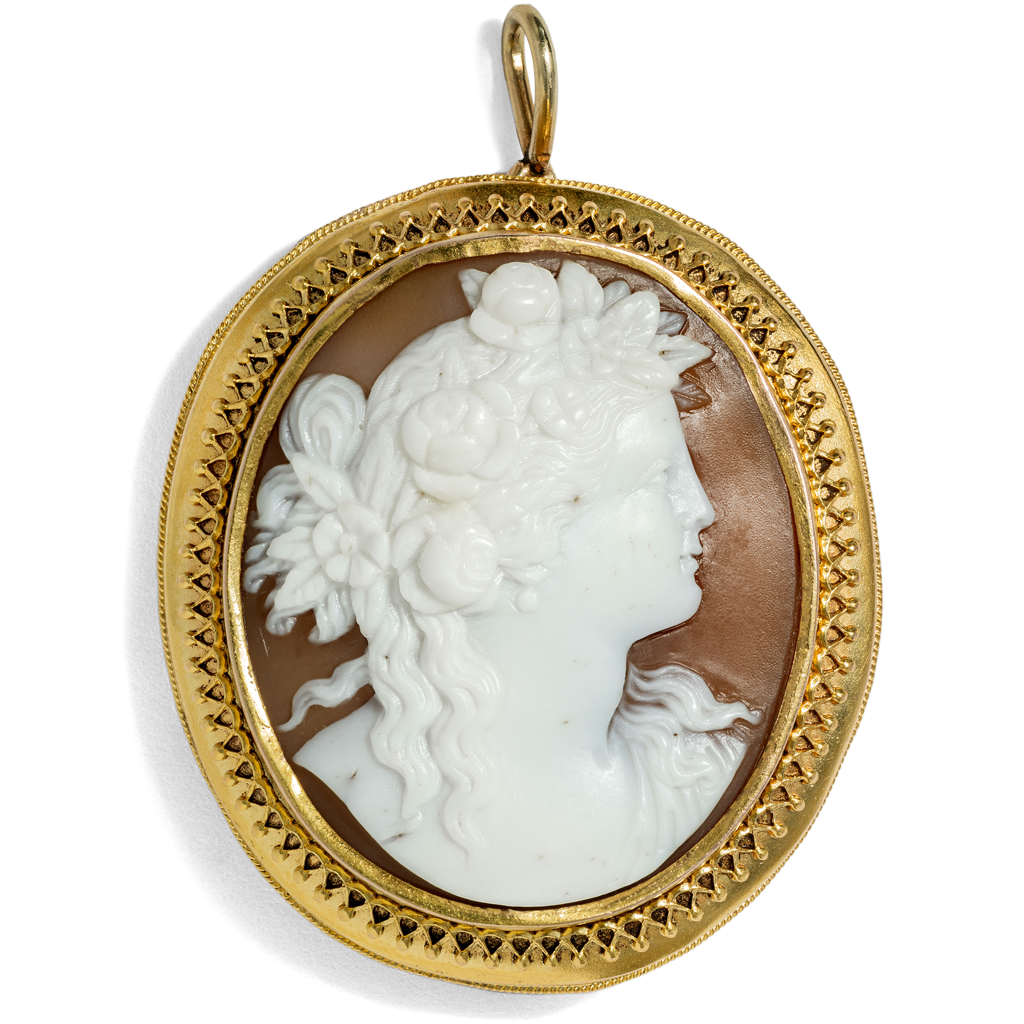 Antique Shell Cameo Gold Pendant of Flora, c. 1880