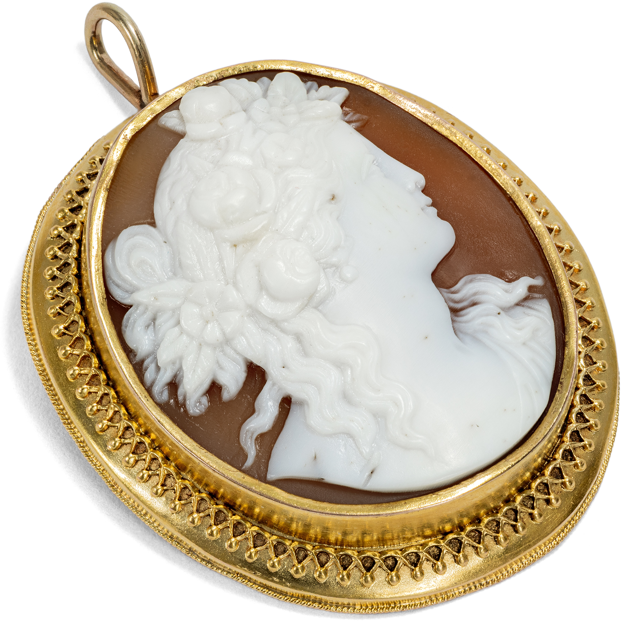 Antique Shell Cameo Gold Pendant of Flora, c. 1880