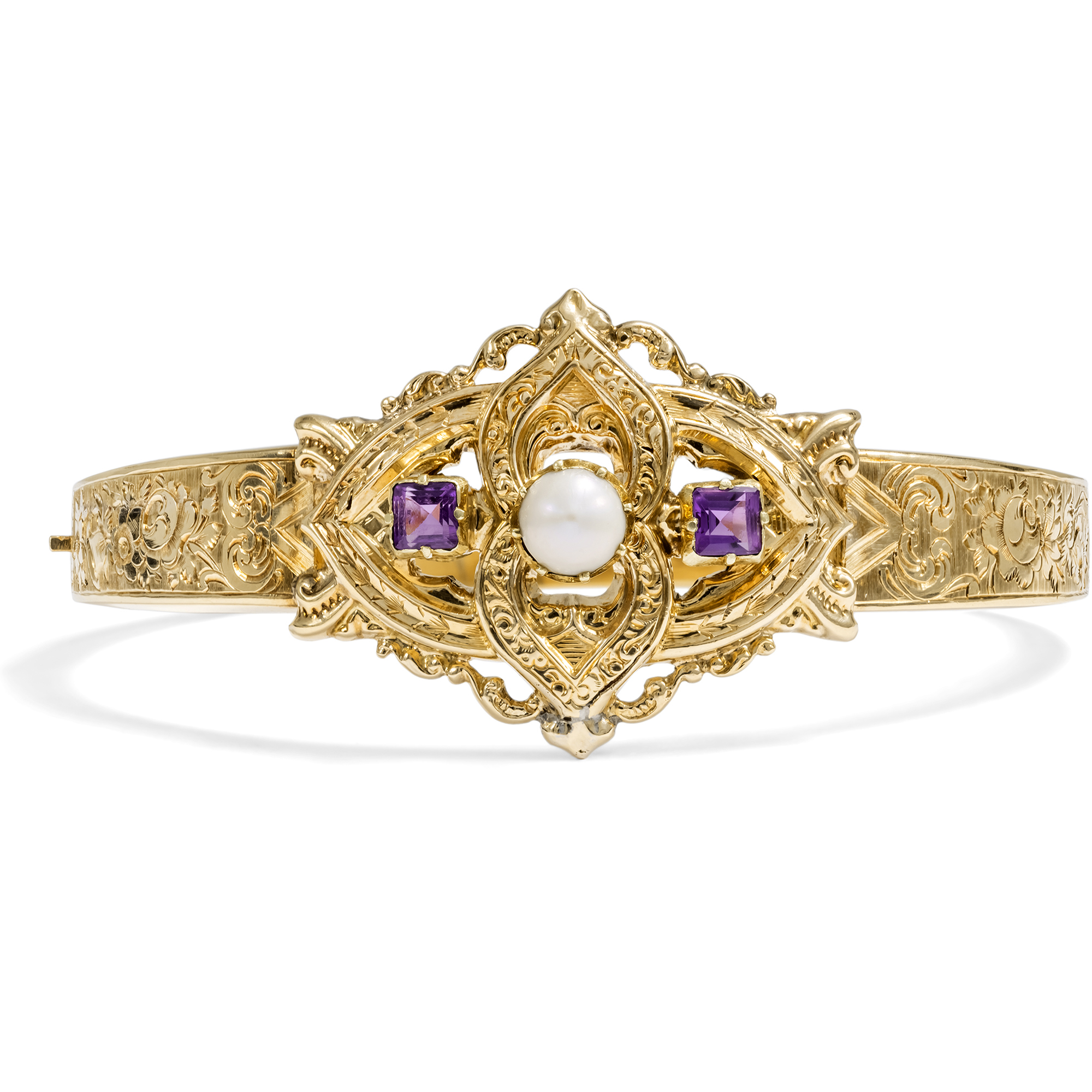 Antiker Armreif aus Gold mit Perle und Amethysten, um 1845 Antiker Armreif aus Gold mit Perle und Amethysten, um 1845