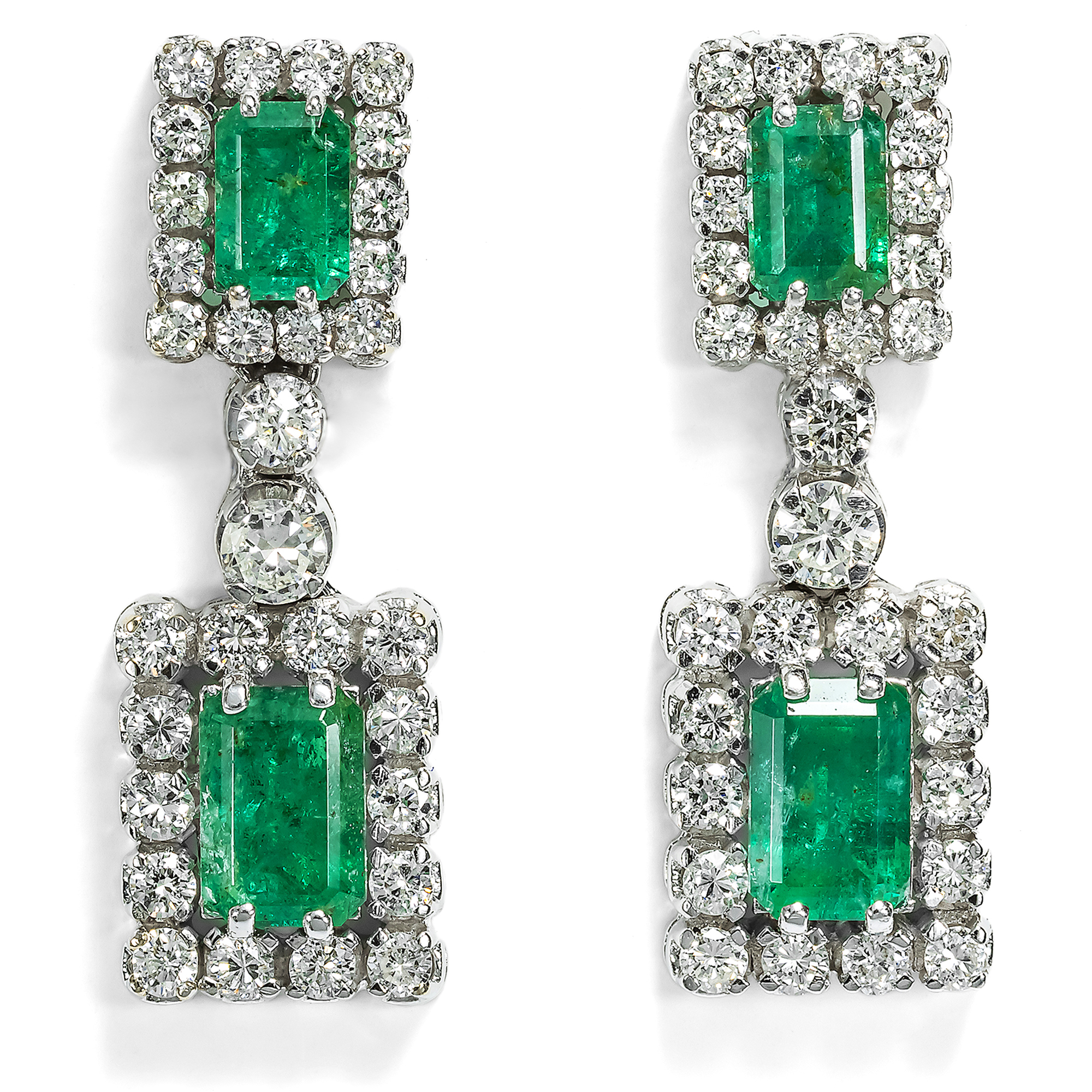 Geometric White Gold Earrings with Emeralds & Diamonds, c. 1980