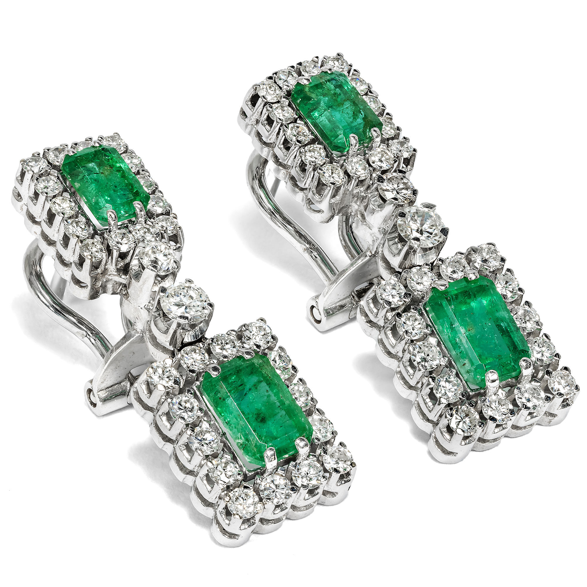 Geometric White Gold Earrings with Emeralds & Diamonds, c. 1980