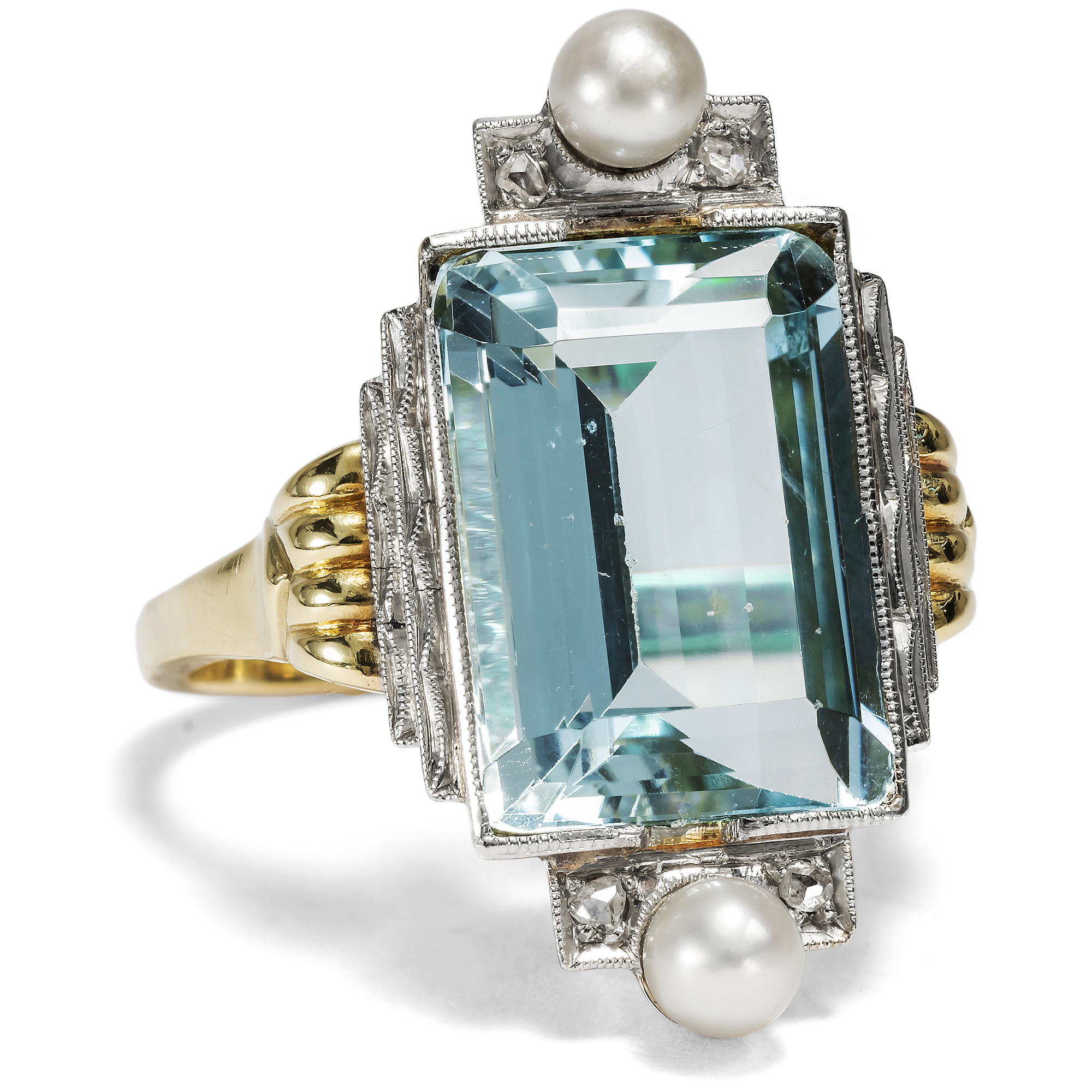 Elegant Aquamarine, Pearl & Diamond Déco Ring, c. 1930s