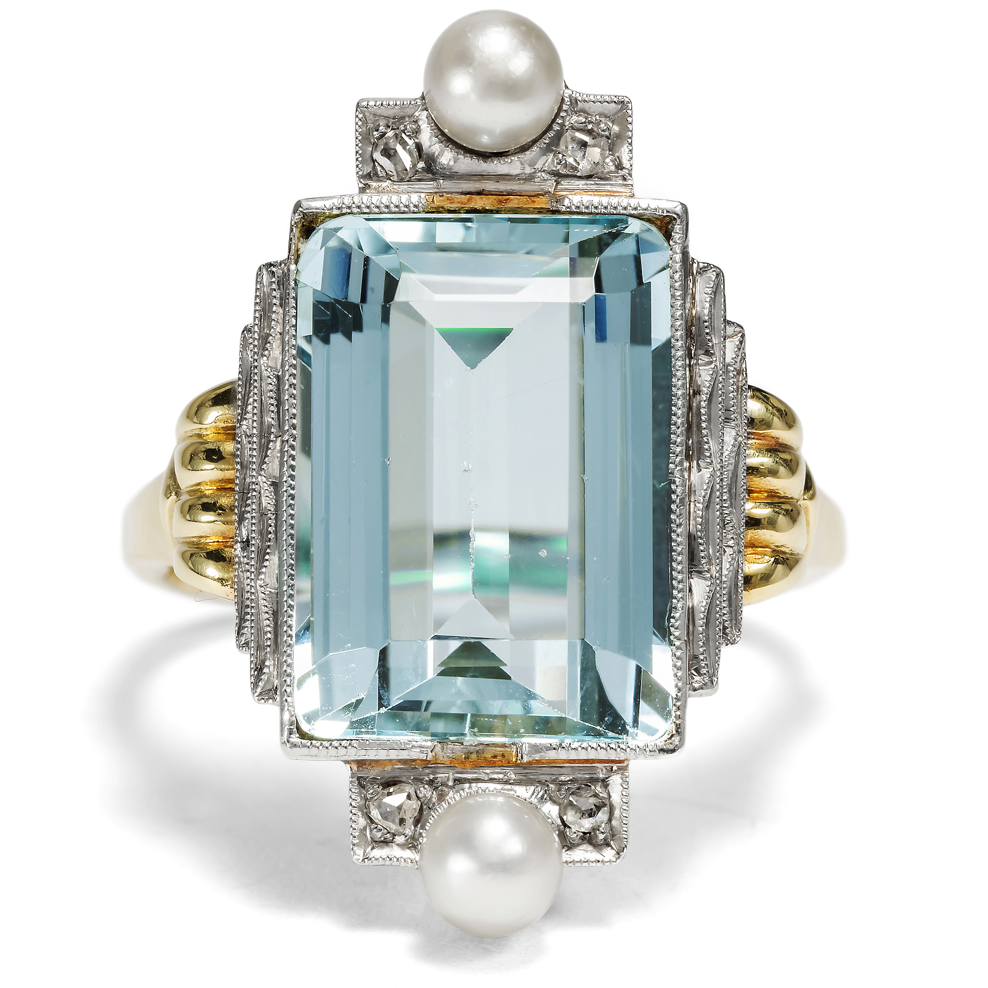 Eleganter Art Déco Ring mit Aquamarin, Perlen & Diamanten, 1930er Jahre