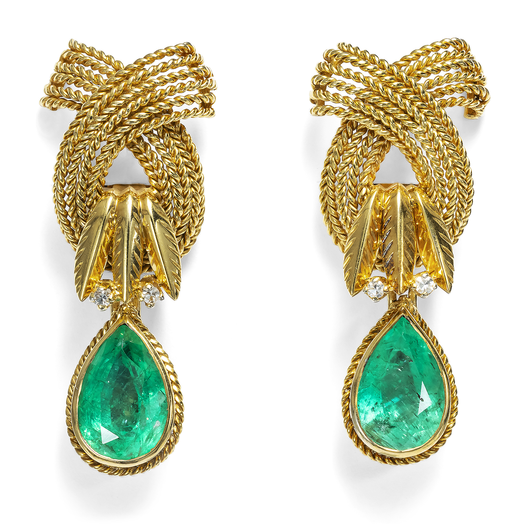 Glamorous Vintage Clip-On Earrings with Emeralds in Gold, Hanau, c. 1965