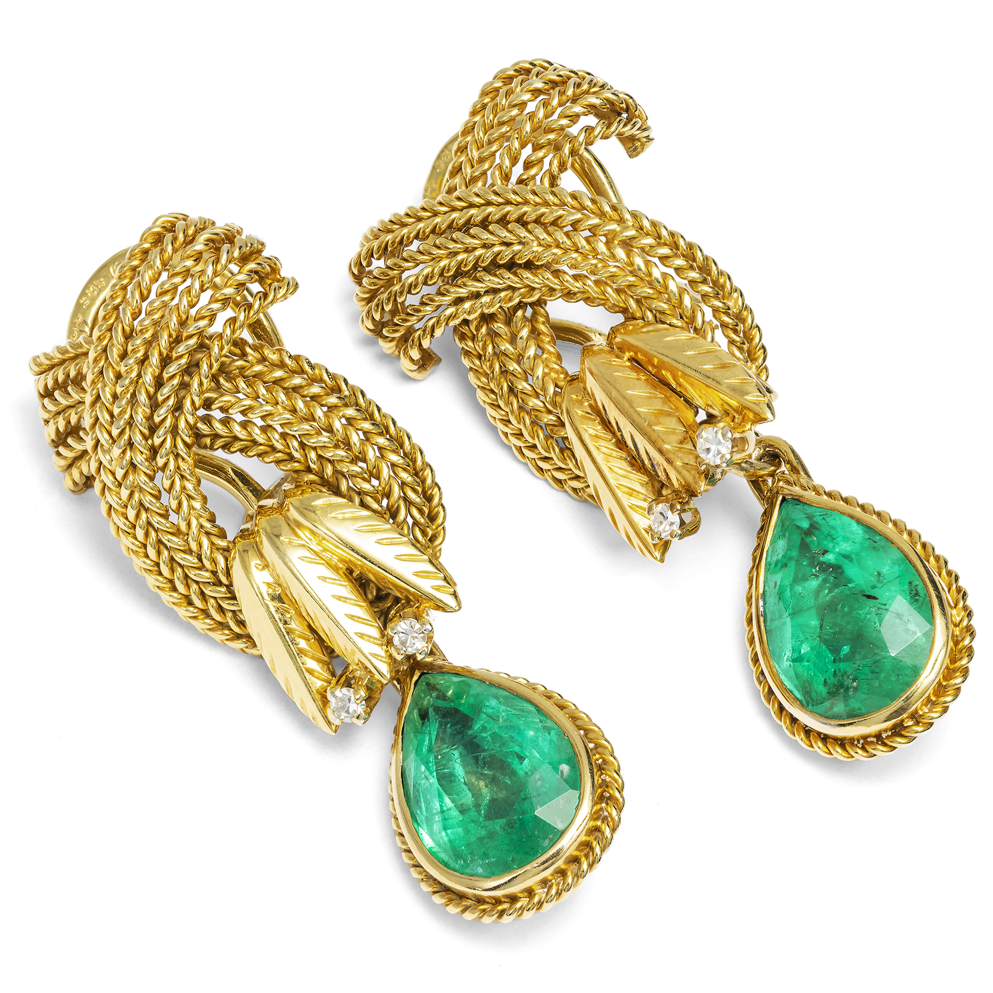 Glamorous Vintage Clip-On Earrings with Emeralds in Gold, Hanau, c. 1965