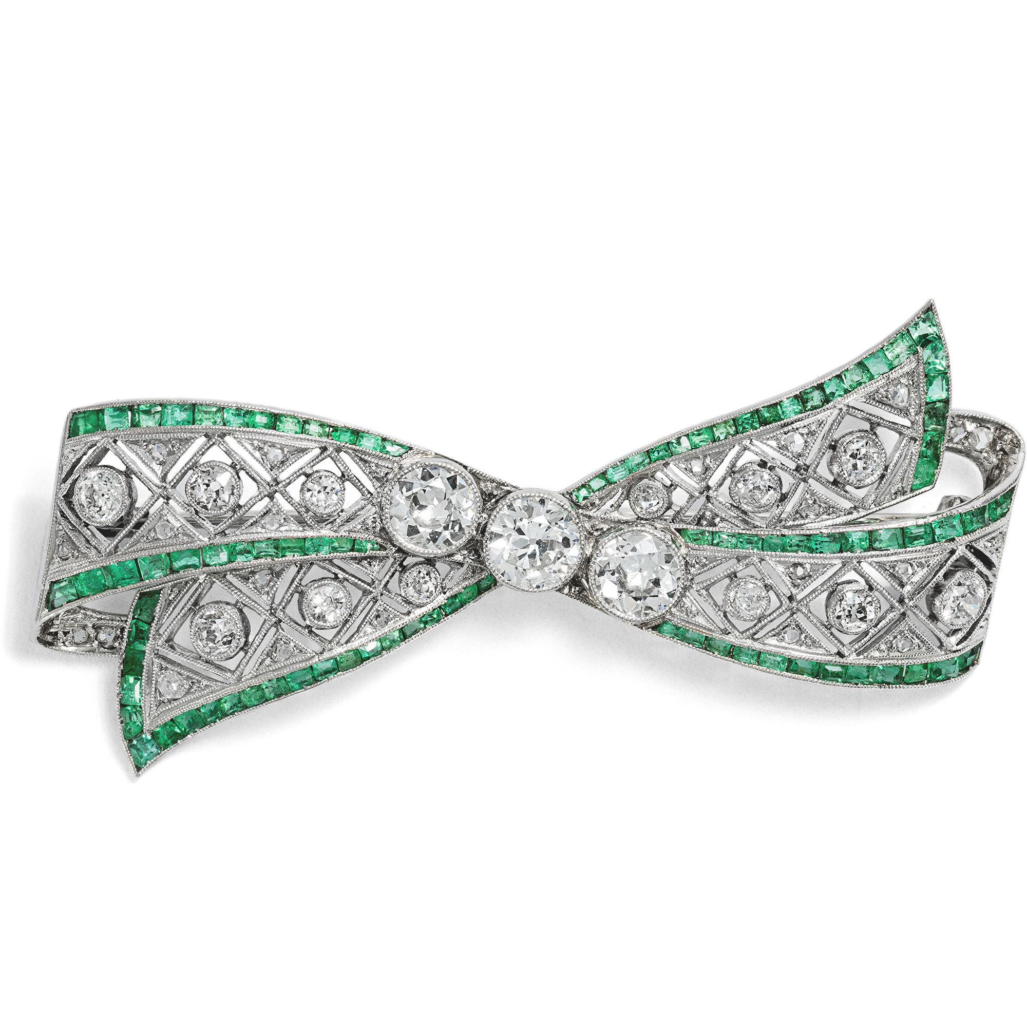 Antique Ribbon Bow Brooch with Diamonds & Emeralds in Platinum, c. 1920