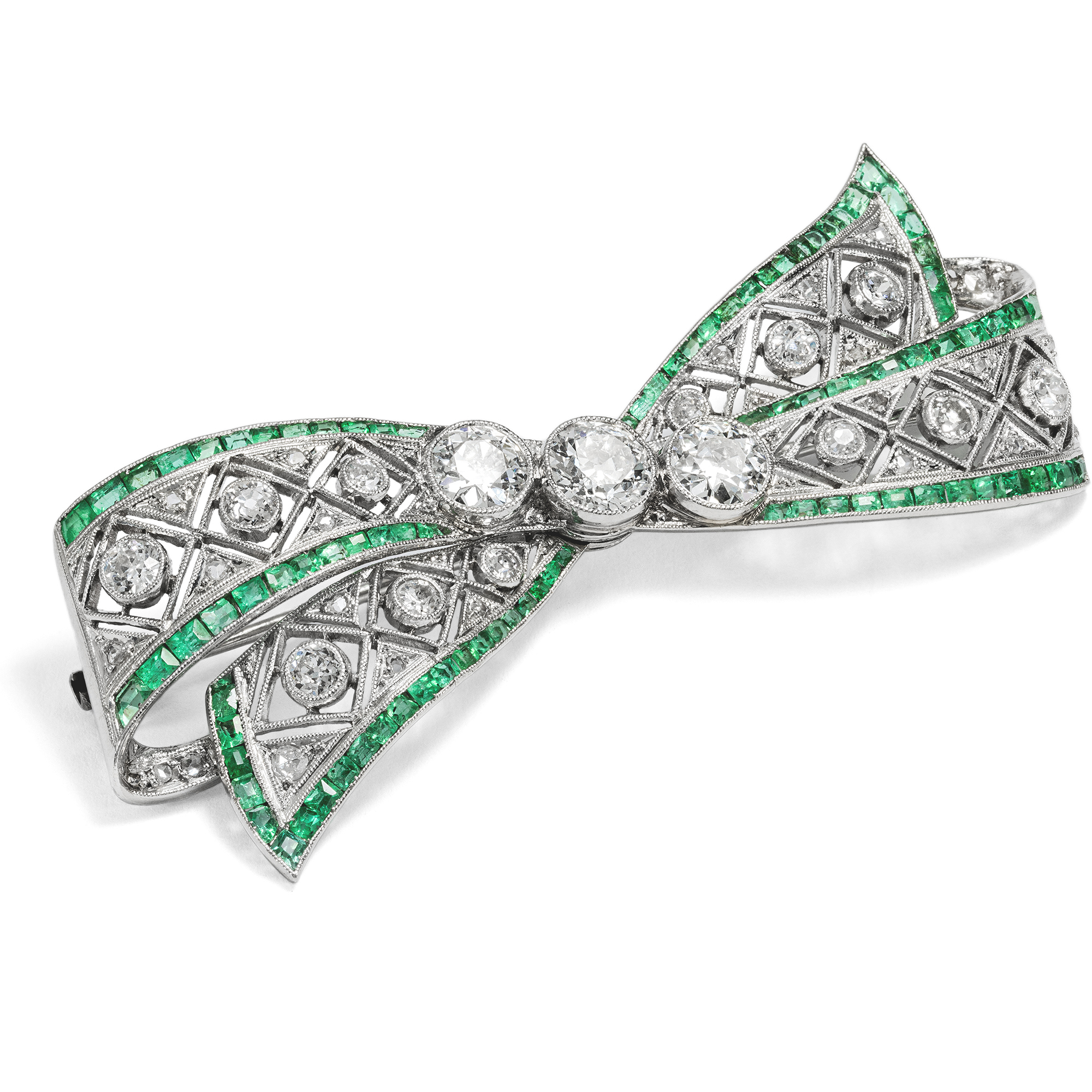 Antique Ribbon Bow Brooch with Diamonds & Emeralds in Platinum, c. 1920