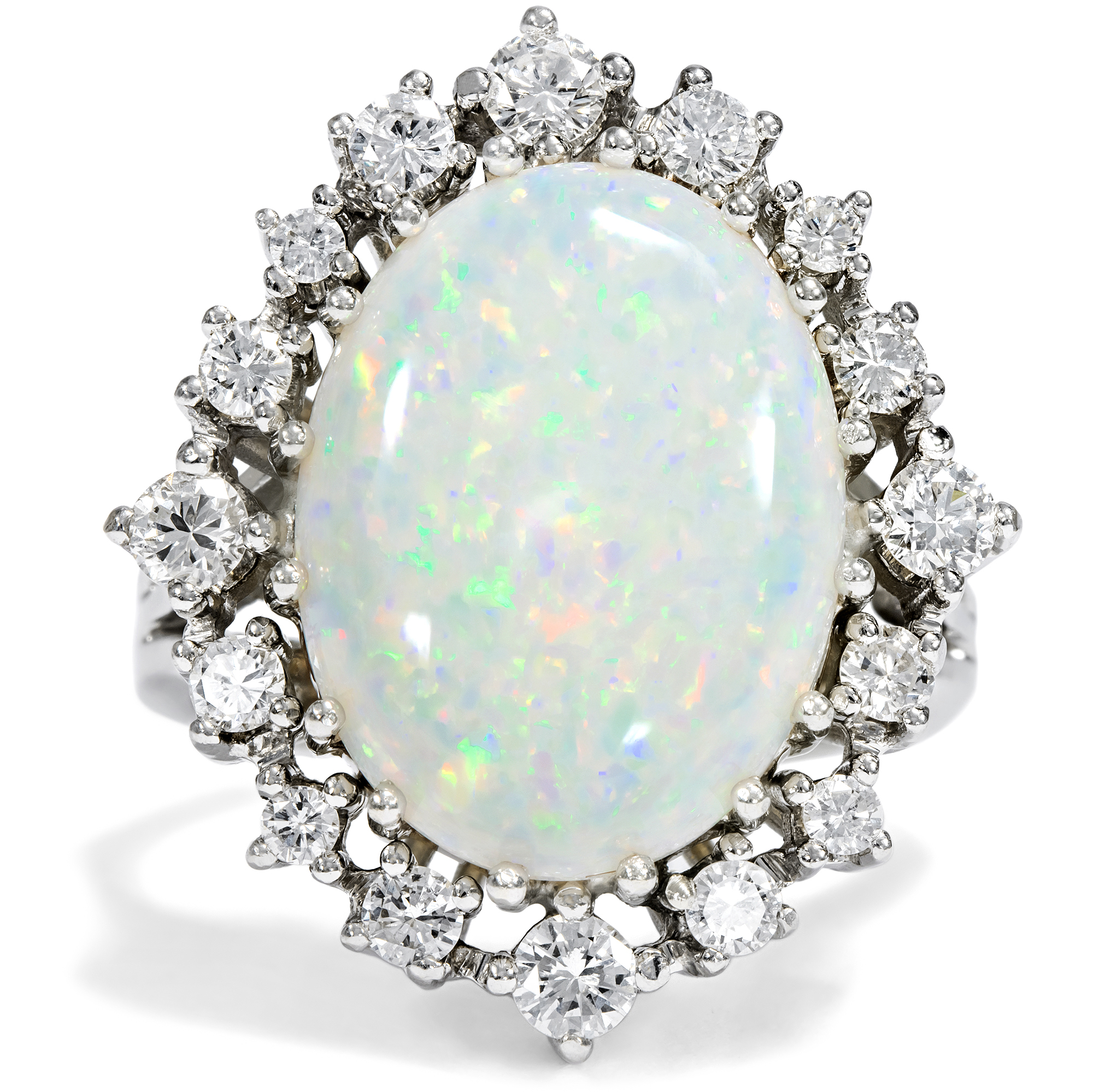 Elegant Cocktail Ring with Opal and Diamonds in White Gold, c. 1975