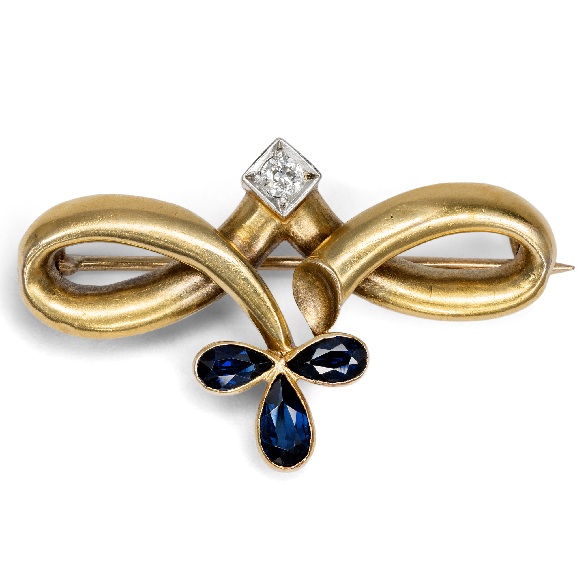 Antique Love Knot Brooch With Sapphires & Diamond In Gold, Dated 1904