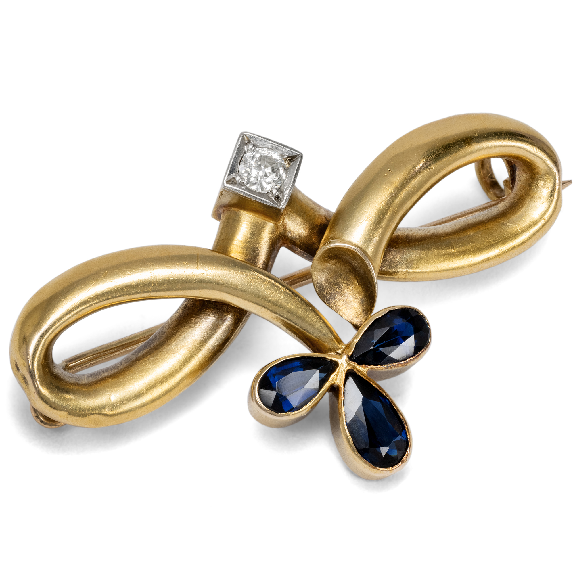 Antique Love Knot Brooch With Sapphires & Diamond In Gold, Dated 1904