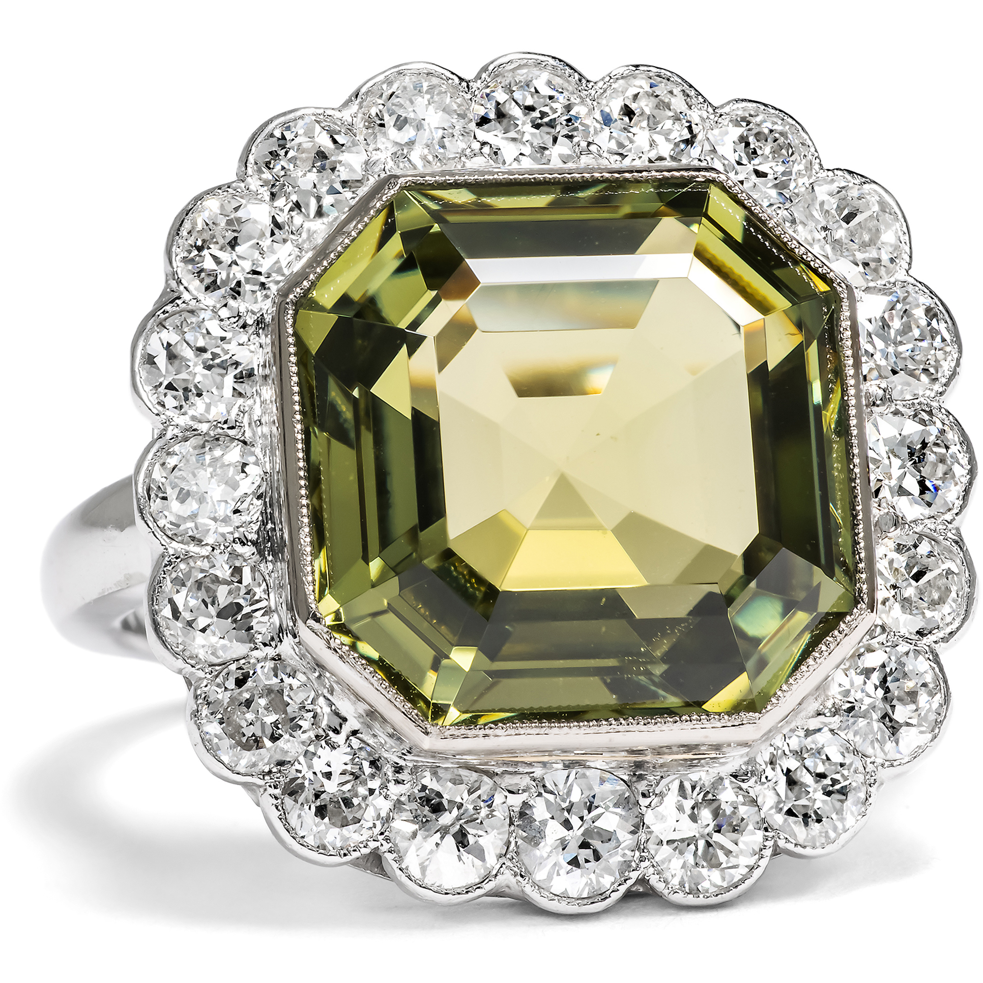 Large Cocktail Ring with Olive Green Tourmaline & Diamonds, c. 1910 & Later Large Cocktail Ring with Olive Green Tourmaline & Diamonds, c. 1910 & Later