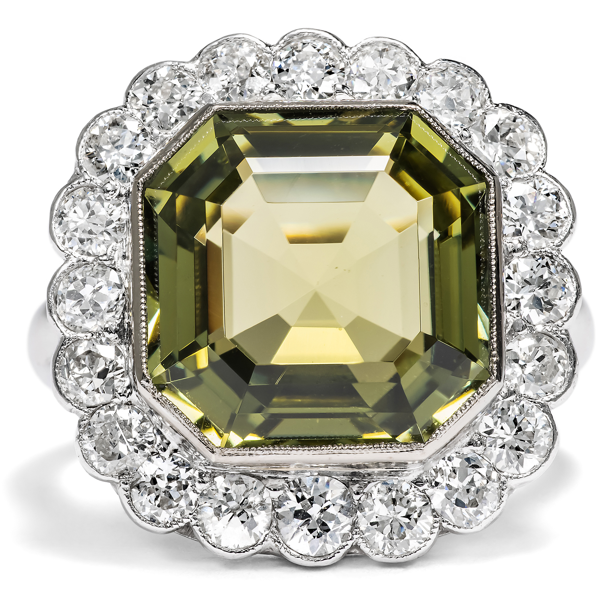 Large Cocktail Ring with Olive Green Tourmaline & Diamonds, c. 1910 & Later Large Cocktail Ring with Olive Green Tourmaline & Diamonds, c. 1910 & Later