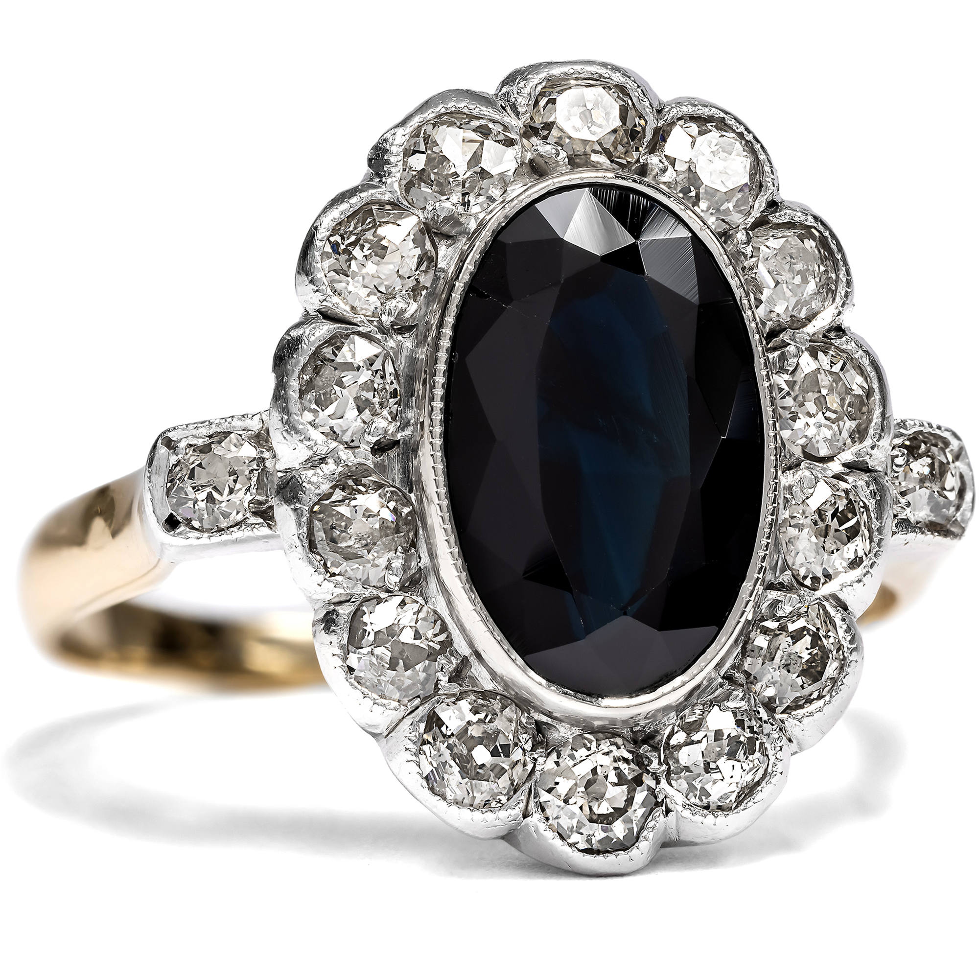 Antique "Entourage" Ring With Sapphire & Diamonds in Gold & Silver, c. 1905