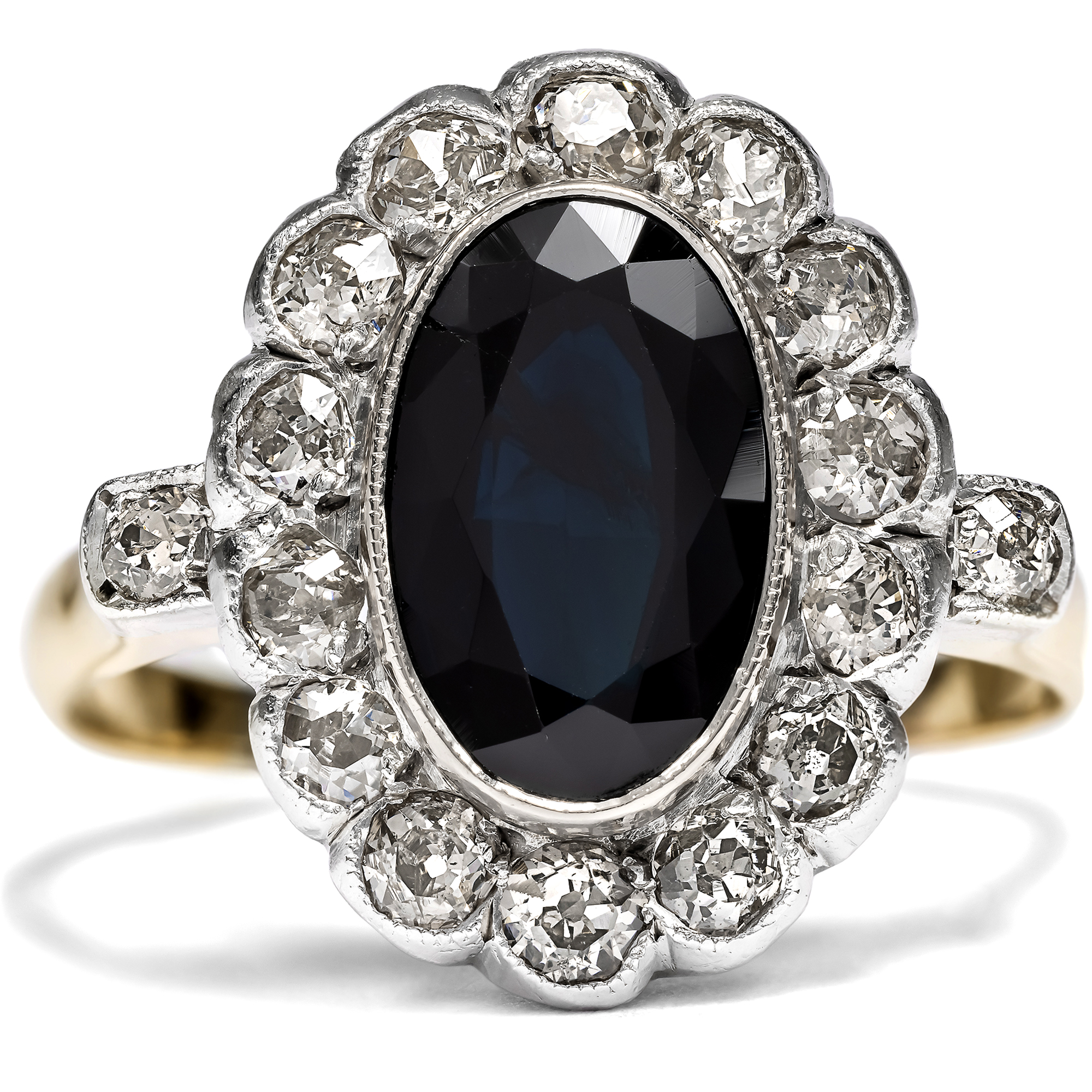 Antique "Entourage" Ring With Sapphire & Diamonds In Gold & Silver, Circa 1905