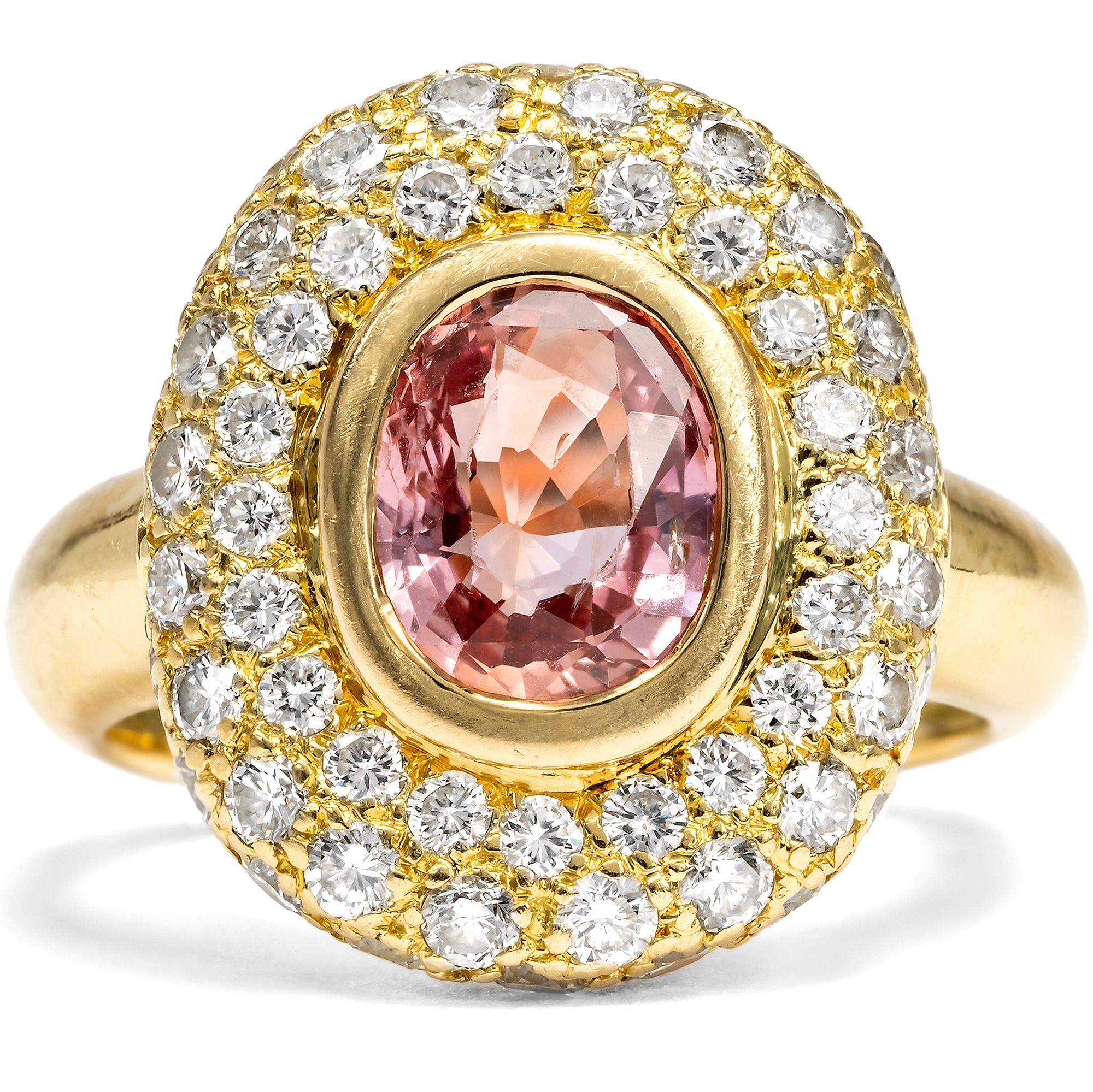 Powerful Vintage Gold Ring with Padparadscha Sapphire & Diamonds, c. 1985