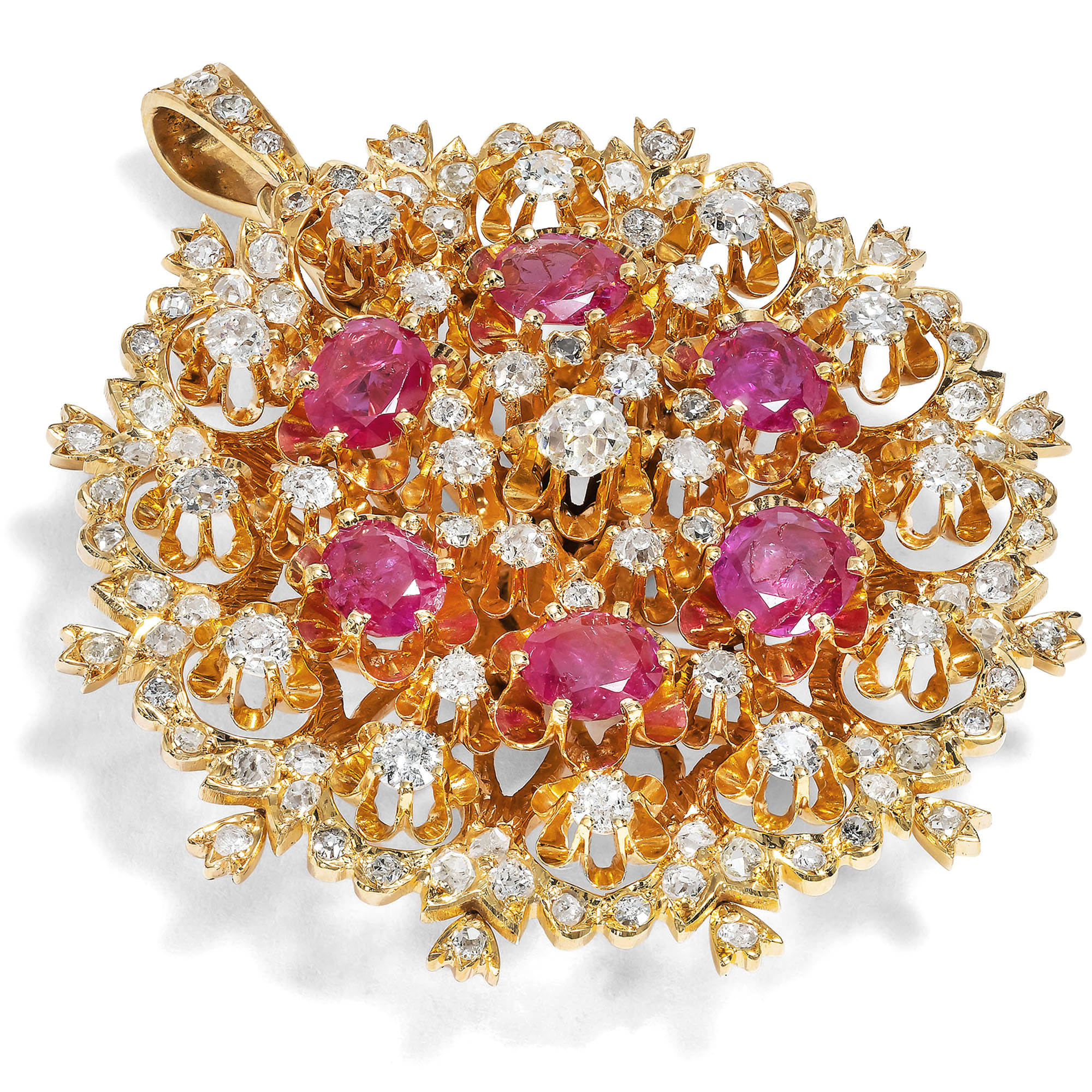 Large Pendant/Brooch with Burma Rubies & Diamonds in Gold, c. 1975