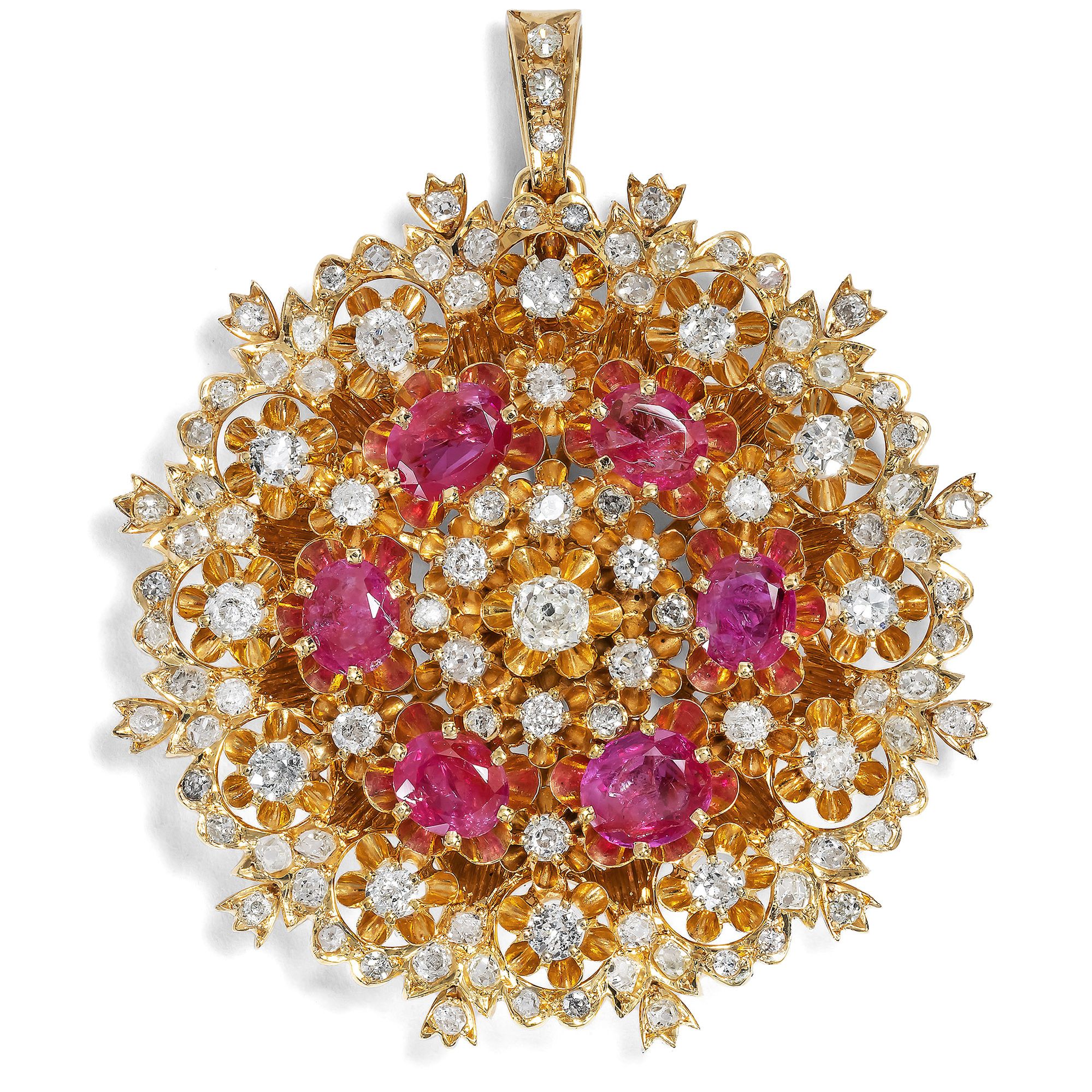 Large Pendant/Brooch with Burma Rubies & Diamonds in Gold, c. 1975